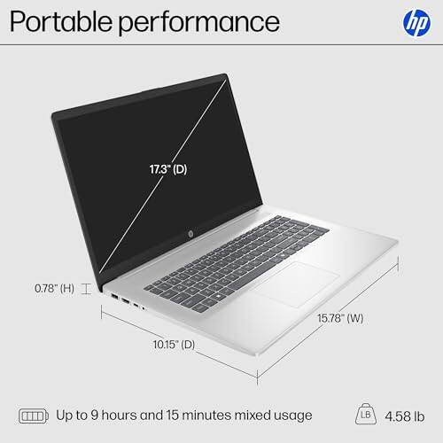 Portable performance

17.3" (D)  
0.78" (H)  
15.78" (W)  
10.15" (D)  

Up to 9 hours and 15 minutes mixed usage  
4.58 lb