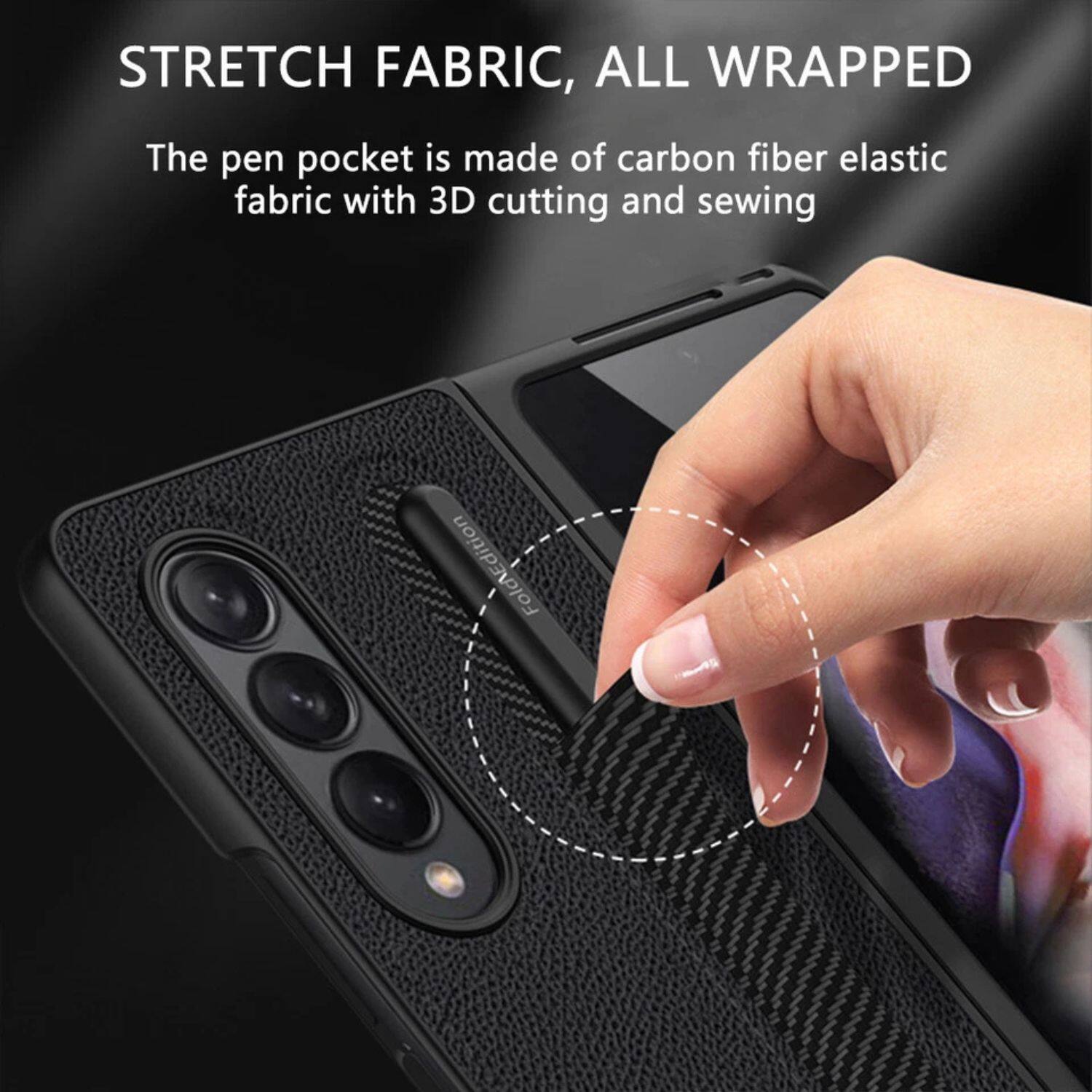 STRETCH FABRIC, ALL WRAPPED

The pen pocket is made of carbon fiber elastic fabric with 3D cutting and sewing.