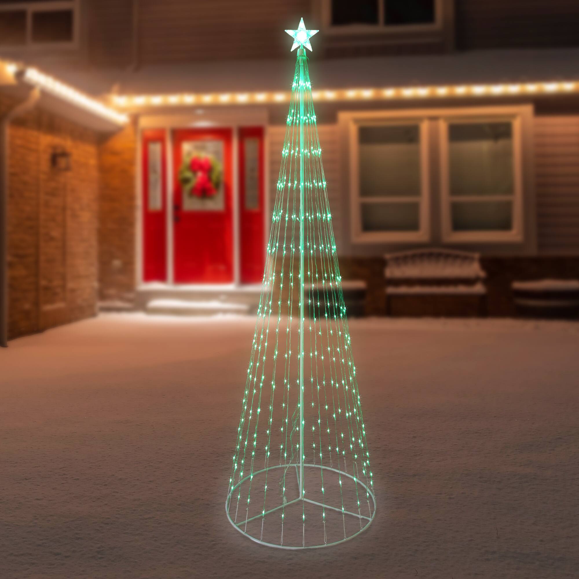 Front. Northlight - Lighted LED Multi-Function Outdoor Christmas Cone Tree - 9' - Green Lights - White.