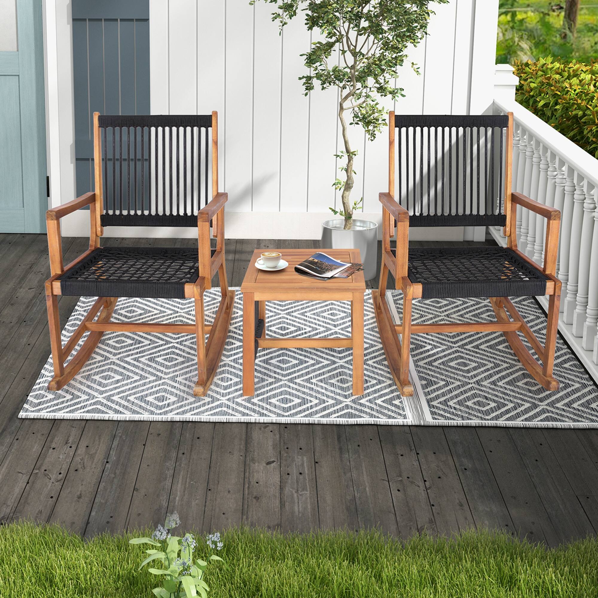 Alt View 9. Costway - Costway 3pcs Patio Acacia Wood Bistro Table Rocking Chair Set All-Weather Rope Outdoor - Black,Natural.