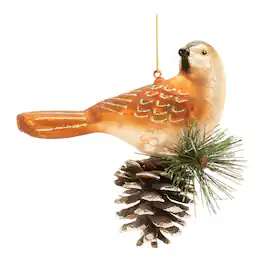 BreeBe - Glittered Glass Bird and Piencone Ornament (Set of 6) - Orange, Brown