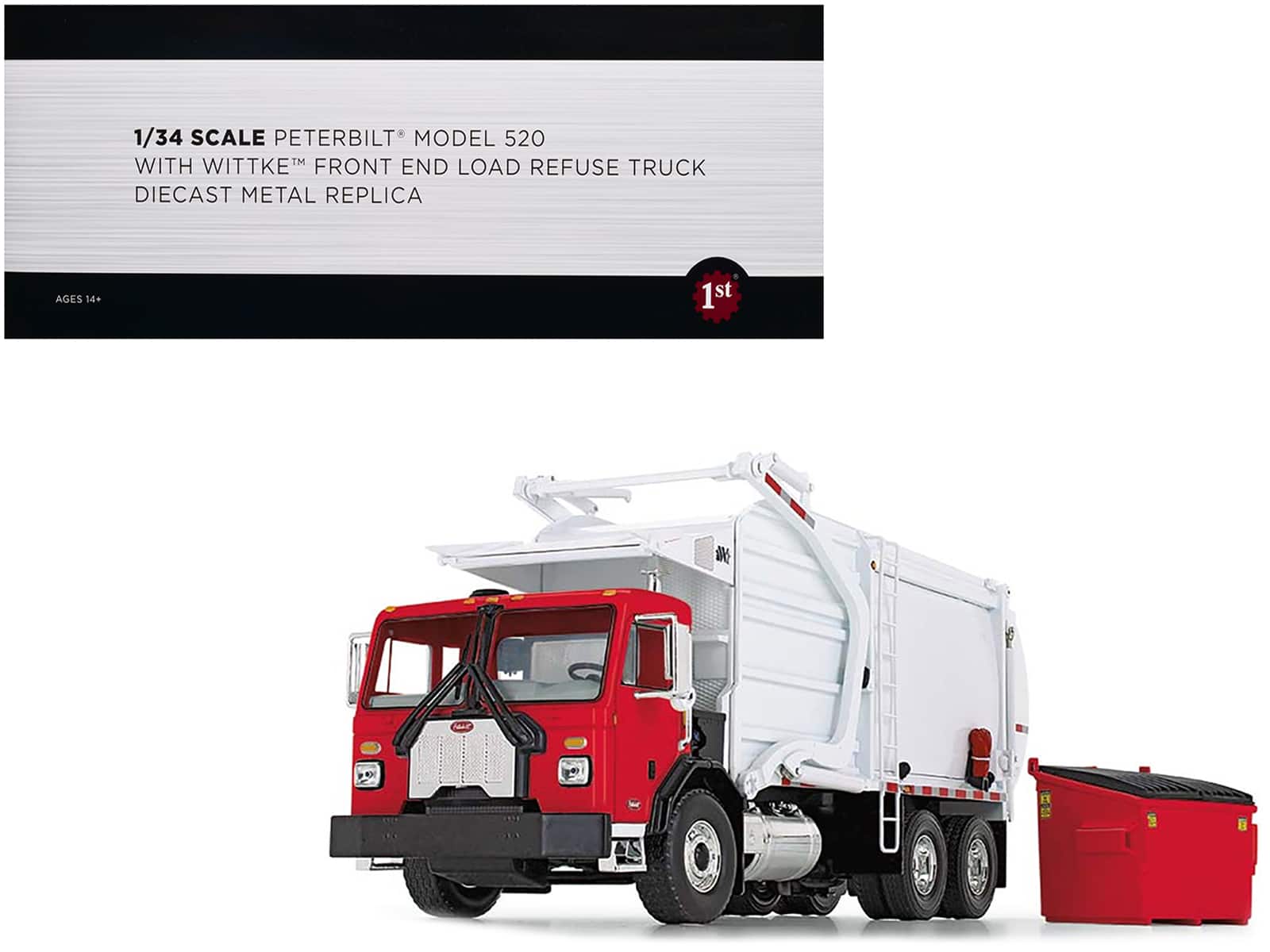 Peterbilt 520 Refuse Garbage Truck with Wittke Front Loader and Trash Bin Red and White 1/34 Diecast Model by First Gear price history on PriceWatchPro