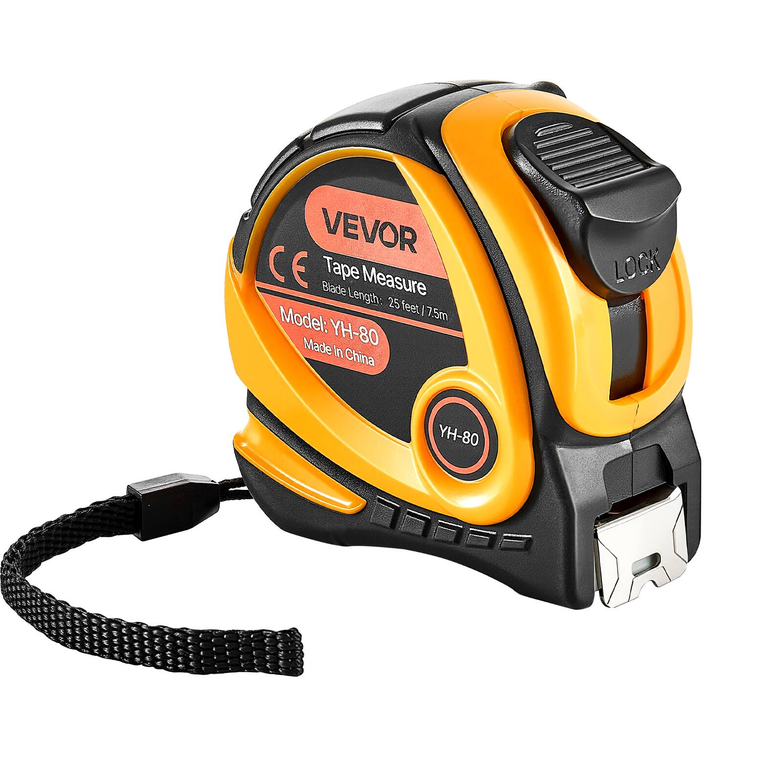 VEVOR  
Tape Measure  
Blade Length: 25 feet / 7.5m  
Model: YH-80  
Made in China  

LOCK  
YH-80