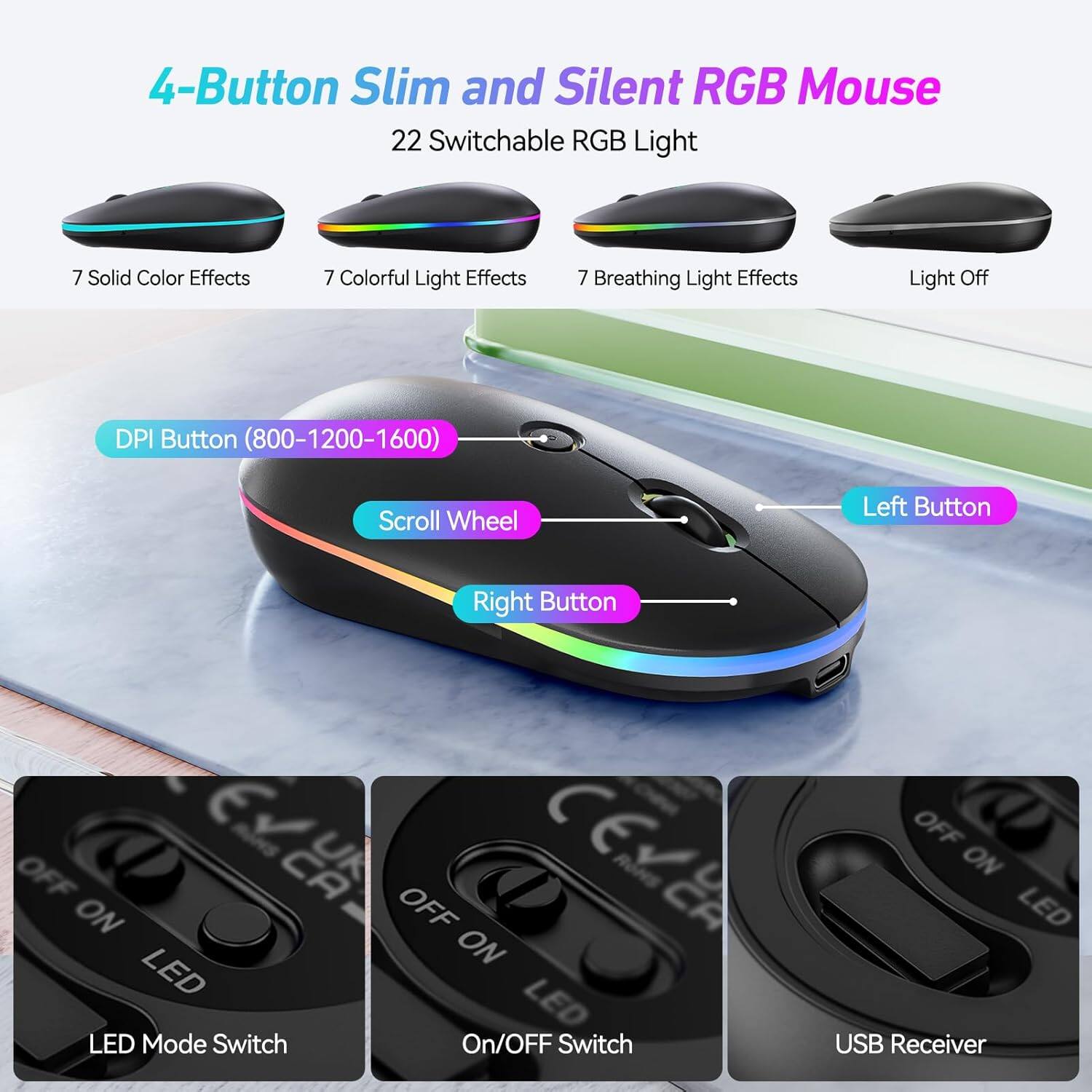 4-Button Slim and Silent RGB Mouse  
22 Switchable RGB Light  

7 Solid Color Effects  
7 Colorful Light Effects  
7 Breathing Light Effects  
Light Off  

DPI Button (800-1200-1600)  
Scroll Wheel  
Left Button  
Right Button  

LED Mode Switch  
On/Off Switch  
USB Receiver