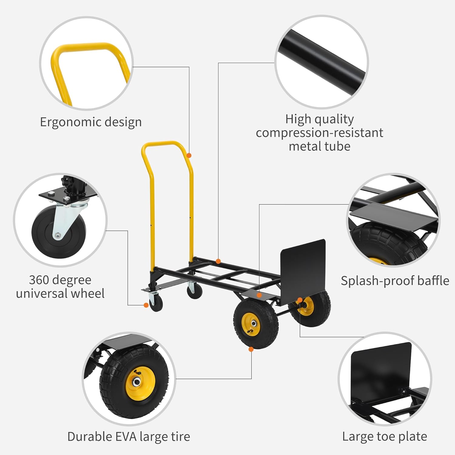 - Ergonomic design
- High quality compression-resistant metal tube
- 360 degree universal wheel
- Splash-proof baffle
- Durable EVA large tire
- Large toe plate