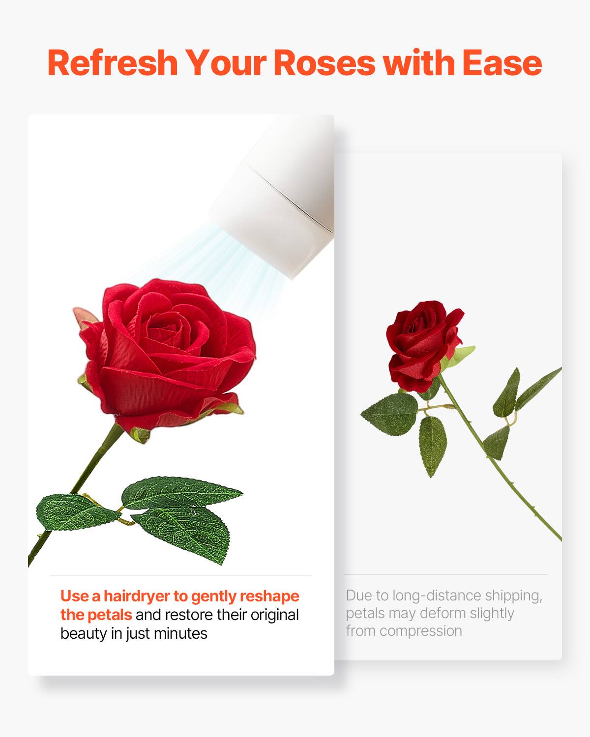 Refresh Your Roses with Ease

Use a hairdryer to gently reshape the petals and restore their original beauty in just minutes

Due to long-distance shipping, petals may deform slightly from compression