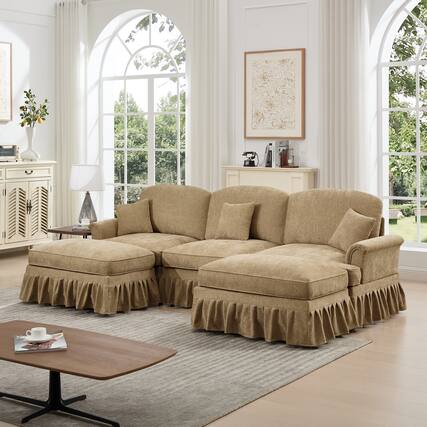 Front. Anysun - Classic U-Shape Chenille Sectional Sofa with Ottomans - Flared Arms, Ruffled Skirt & Spindle Legs, Deep Cloud Seat - Coffee.
