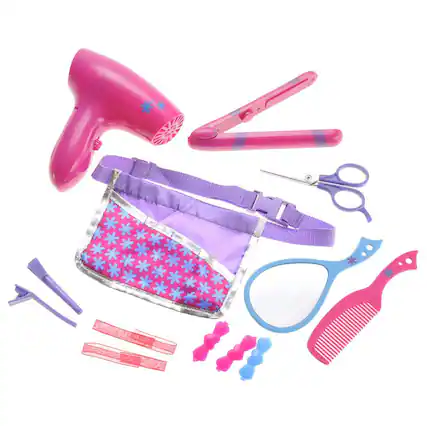 Front. JuzToys - Pretend Play for Toddlers 3-5, 13pcs Hair Salon Toys for Girls with Real Blowing Hair Dryer, Scissors Pink/Purple - Pink.