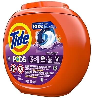 100% Tide SPRING HEADOW - PRAIRIE FLEURIE  
PODS 3:1  

WARNING: HARMFUL IF INGESTED OR SWALLOWED.  
AVERTISSEMENT: TOXIQUE SI INGESTÉ OU INHALÉ.  

42 PODS  
95 g / 18 LB 3.5 OZ