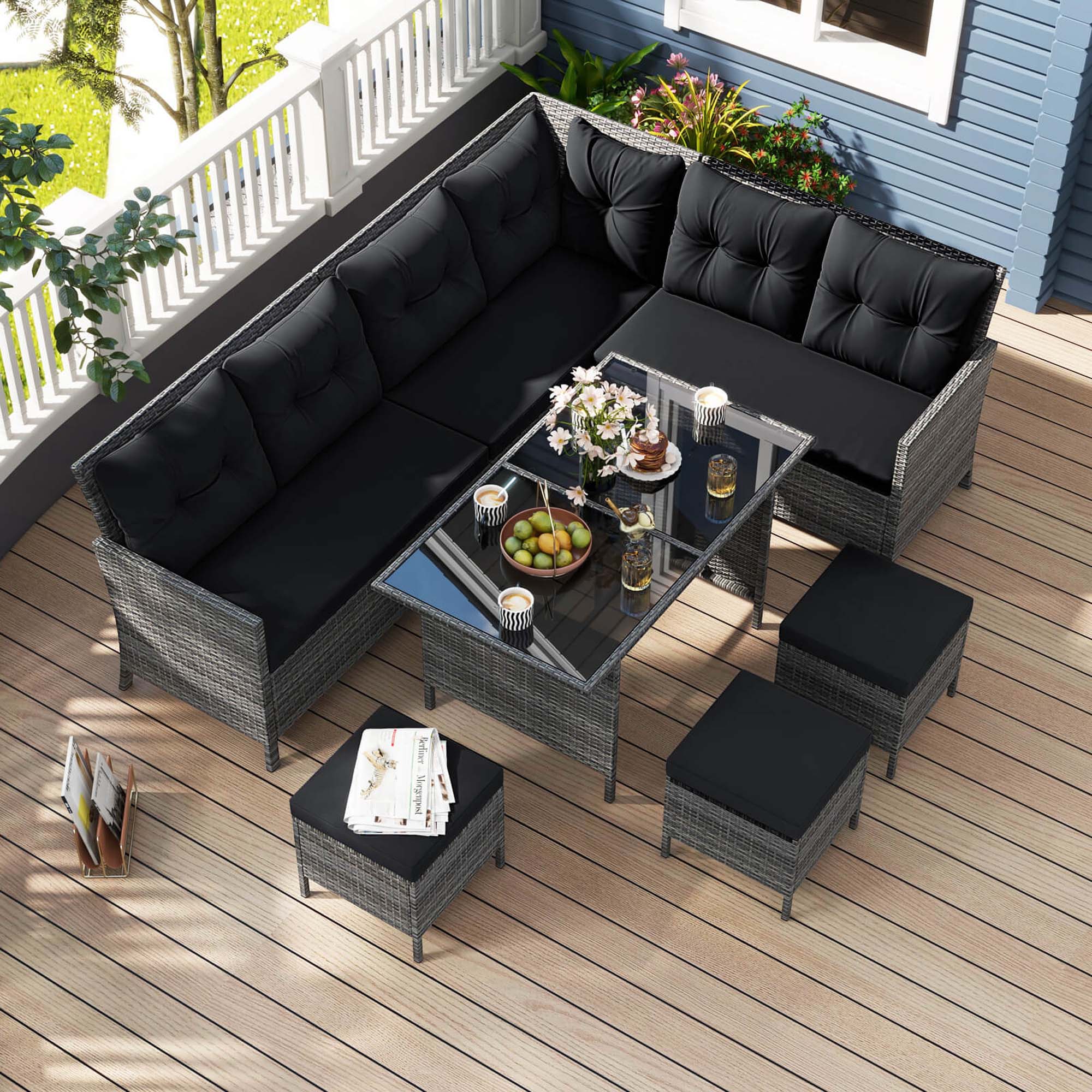Alt View 3. Costway - 7 PCS Patio Dining Furniture Set PE Rattan Sectional Sofa Set with Soft Cushions - Black,Mix Gray.