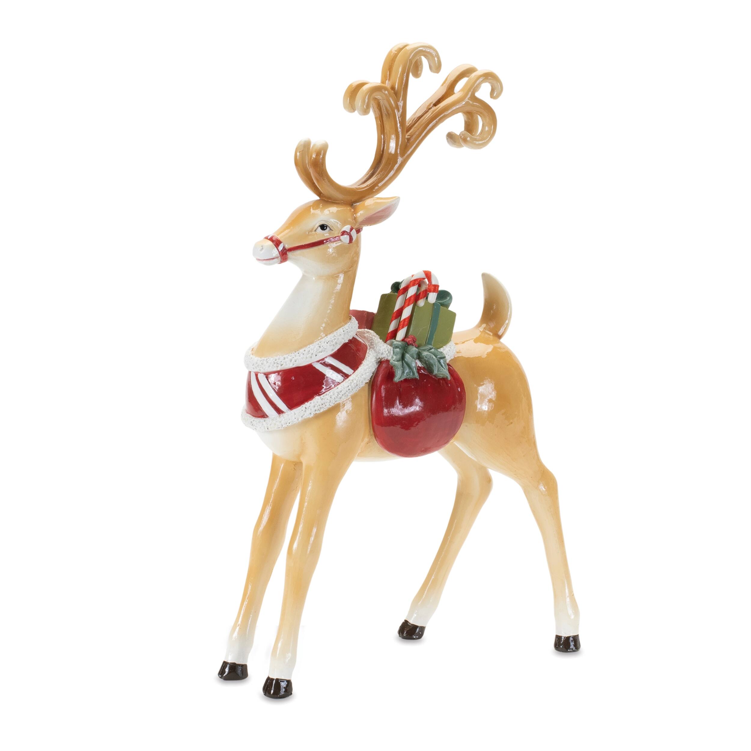 Left. BreeBe - Holiday Reindeer Figurine (Set of 2) - Beige, Red, Green.