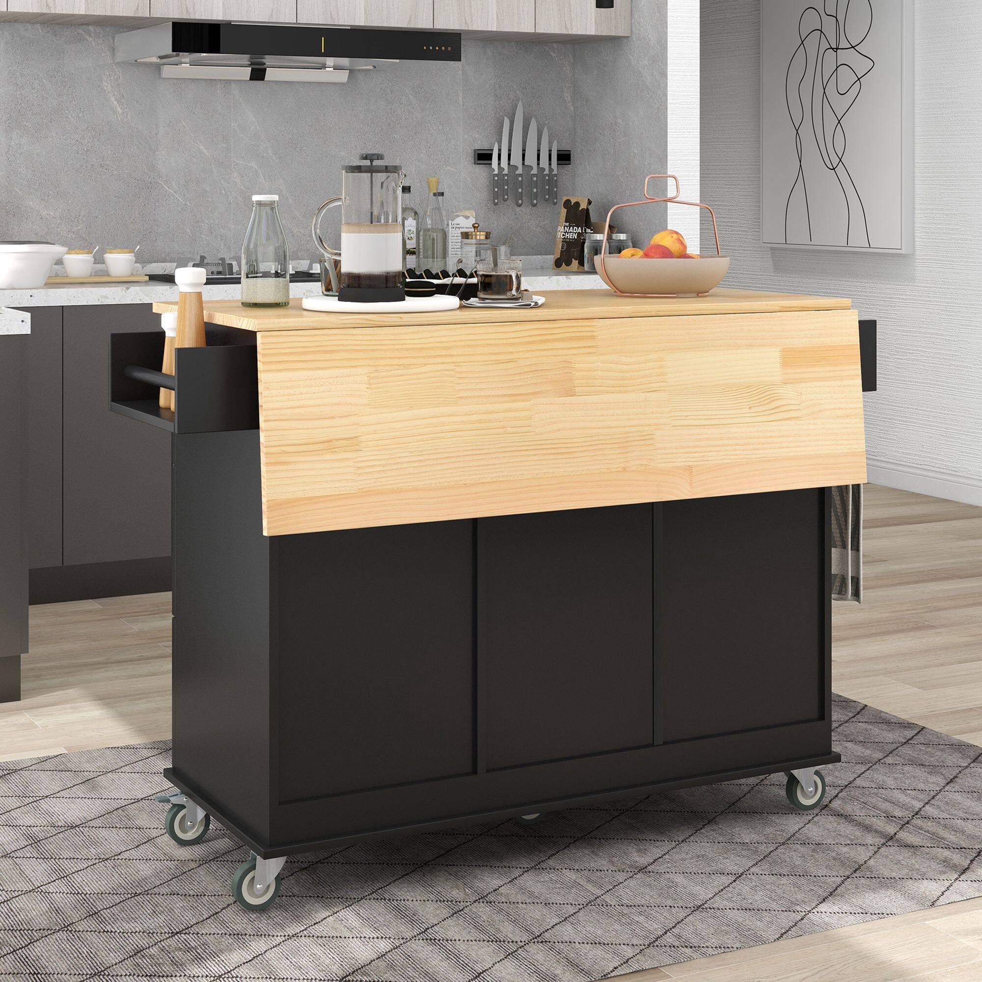 Alt View 1. Mirfee - 52.7" Mobile Kitchen Island with Solid Wood Top, Locking Wheels, Drop Leaf, Spice Rack - Black.