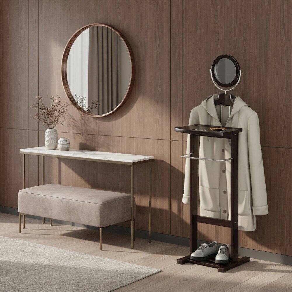 Alt View 2. FurniFact - Espresso Solid Wood Suit Stand, Valet Stand for Clothes with Mirror and Tray - Espresso.