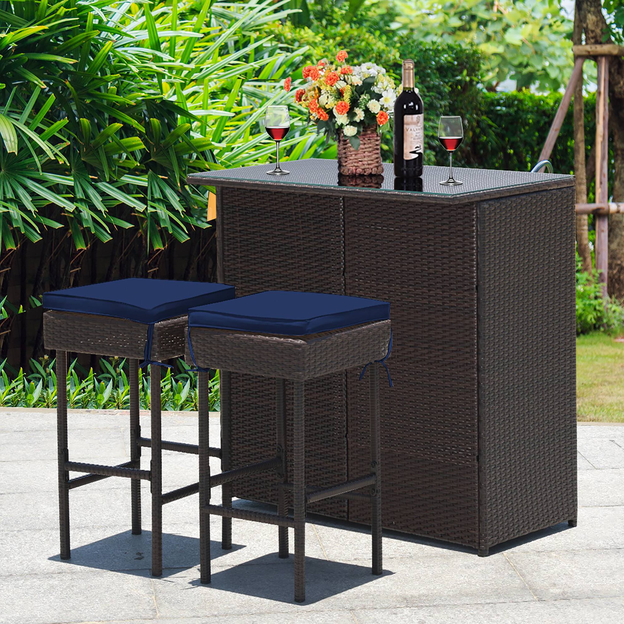Alt View 3. Costway - 3PCS Rattan Bar Table Stool Set Cushioned Chairs with Cover - brown/navyy/off white.