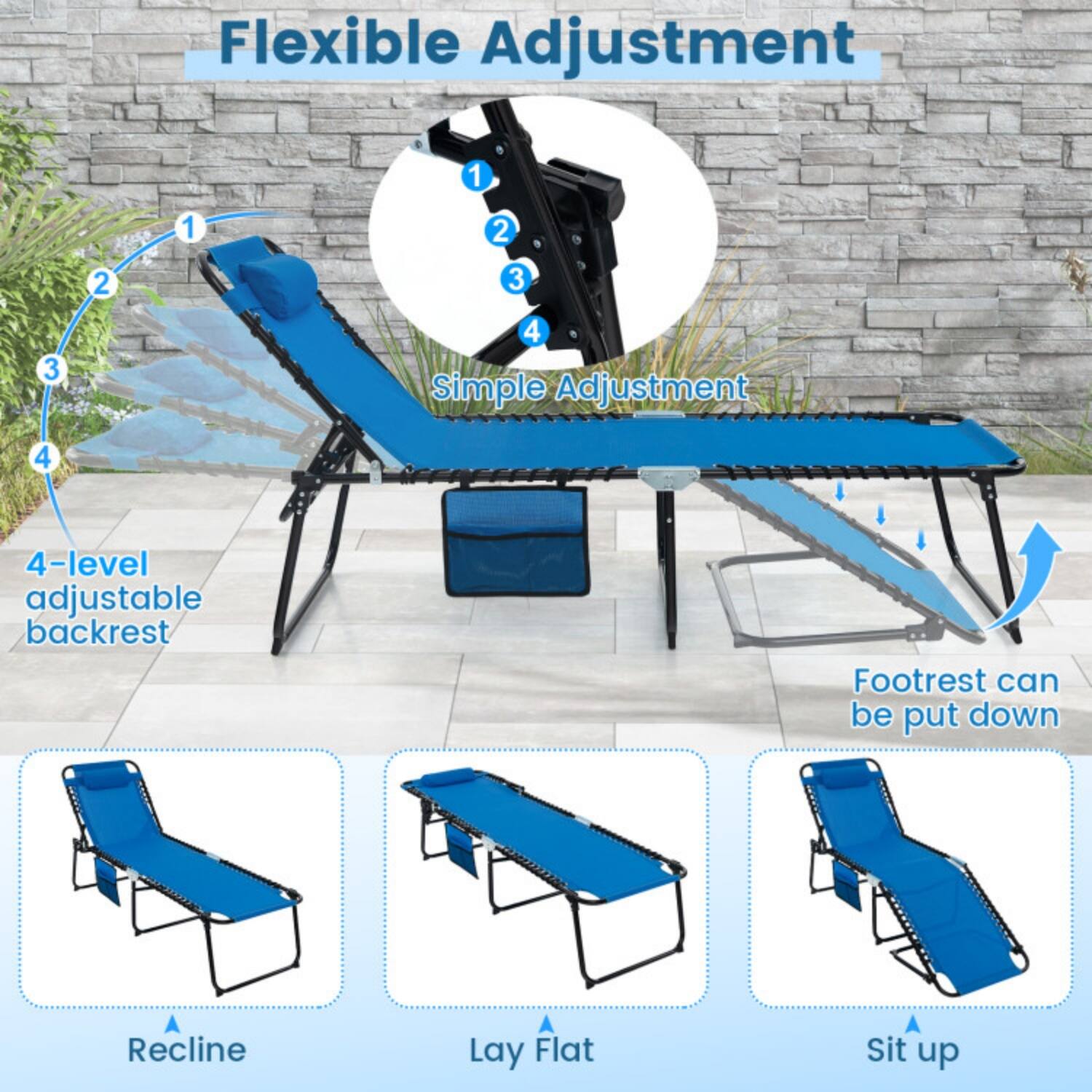 Flexible Adjustment

Simple Adjustment

4-level adjustable backrest

Footrest can be put down

Recline

Lay Flat

Sit up