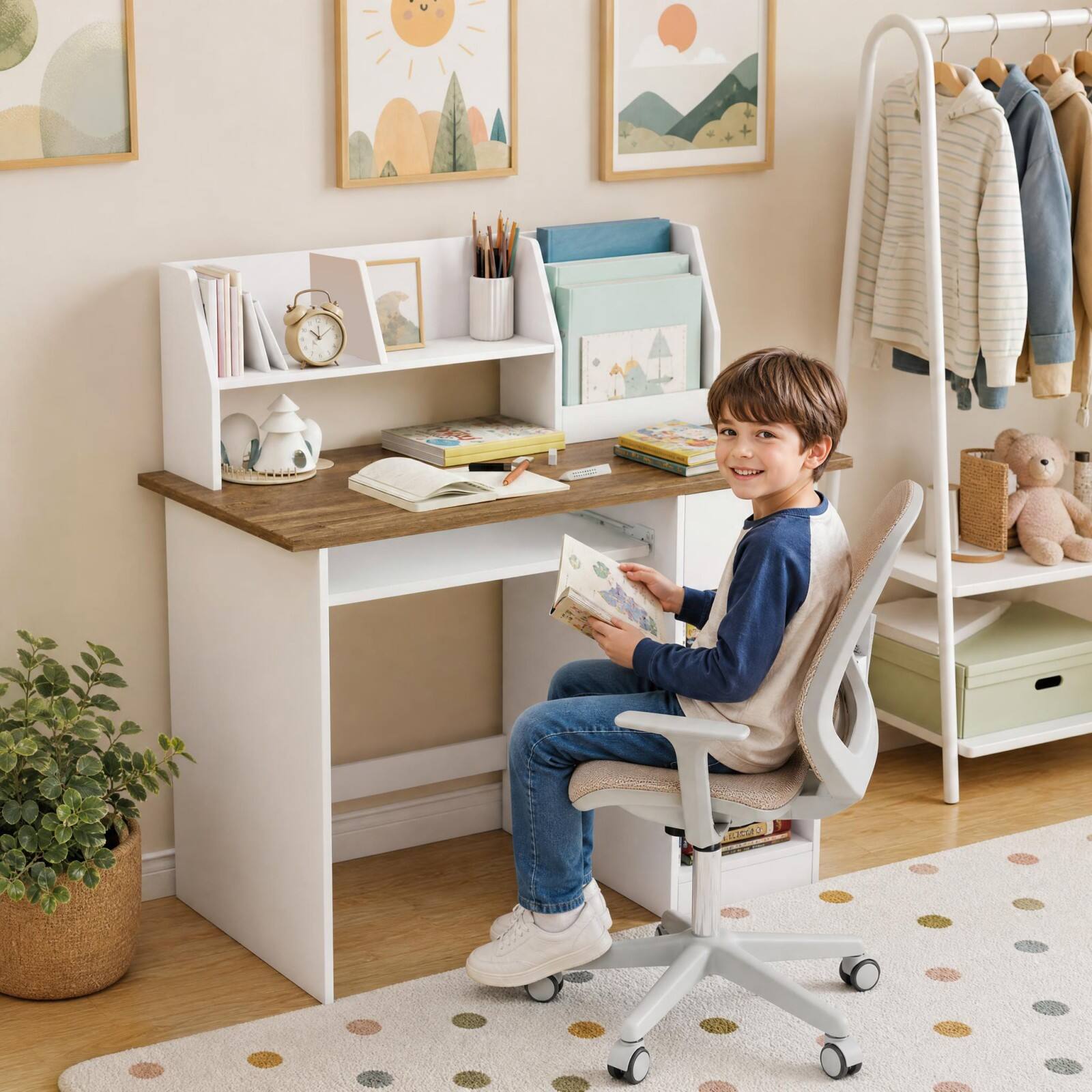 Alt View 3. Costway - Costway Kids Study Desk, Wooden Writing Table with Keyboard Tray & Drawer,Side Bookshelf - Natural.