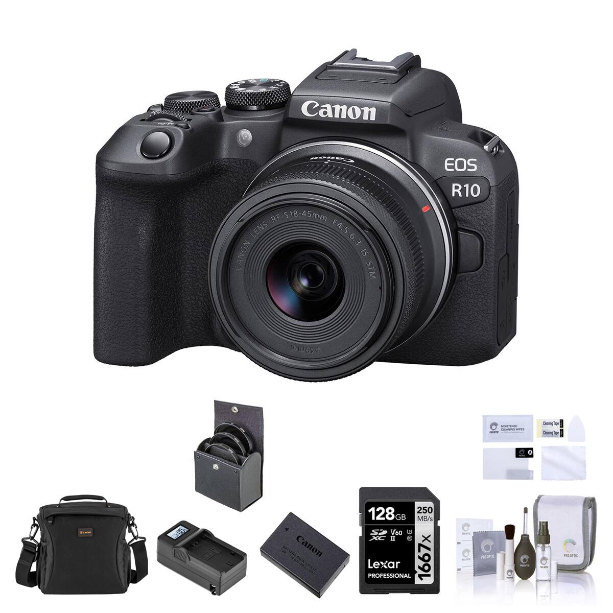 Canon RF-518-45mm LENS F4.5-6.3 CANON IS STM  
EOS R10  
Canon BATTERY PACK-EP-617  
128GB 250 GB MB/s V60 XC II 8 PROFESSIONAL Lexar 1667x  
Canon COMBUR CLEANSING-HIPCS  
Canon Cleaning Cloths  
Canon Cleaning Solution  
Canon Cleaning Brush