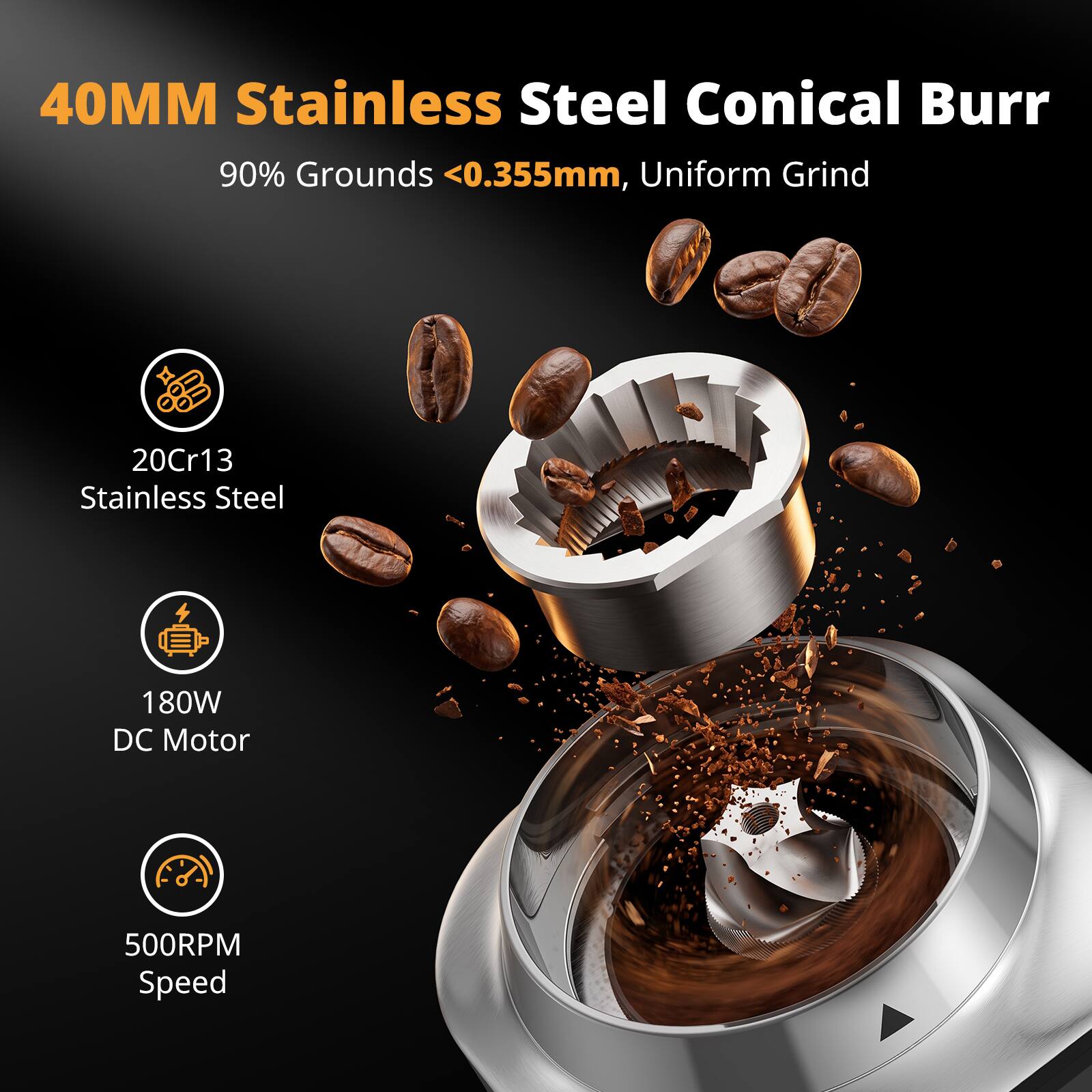 40MM Stainless Steel Conical Burr
90% Grounds <0.355mm, Uniform Grind

20Cr13 Stainless Steel

180W DC Motor

500RPM Speed