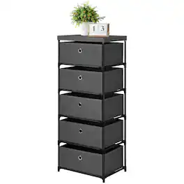Oumilen - Tall 5-Drawer Fabric Storage Tower, with Wood Top - Dark Gray
