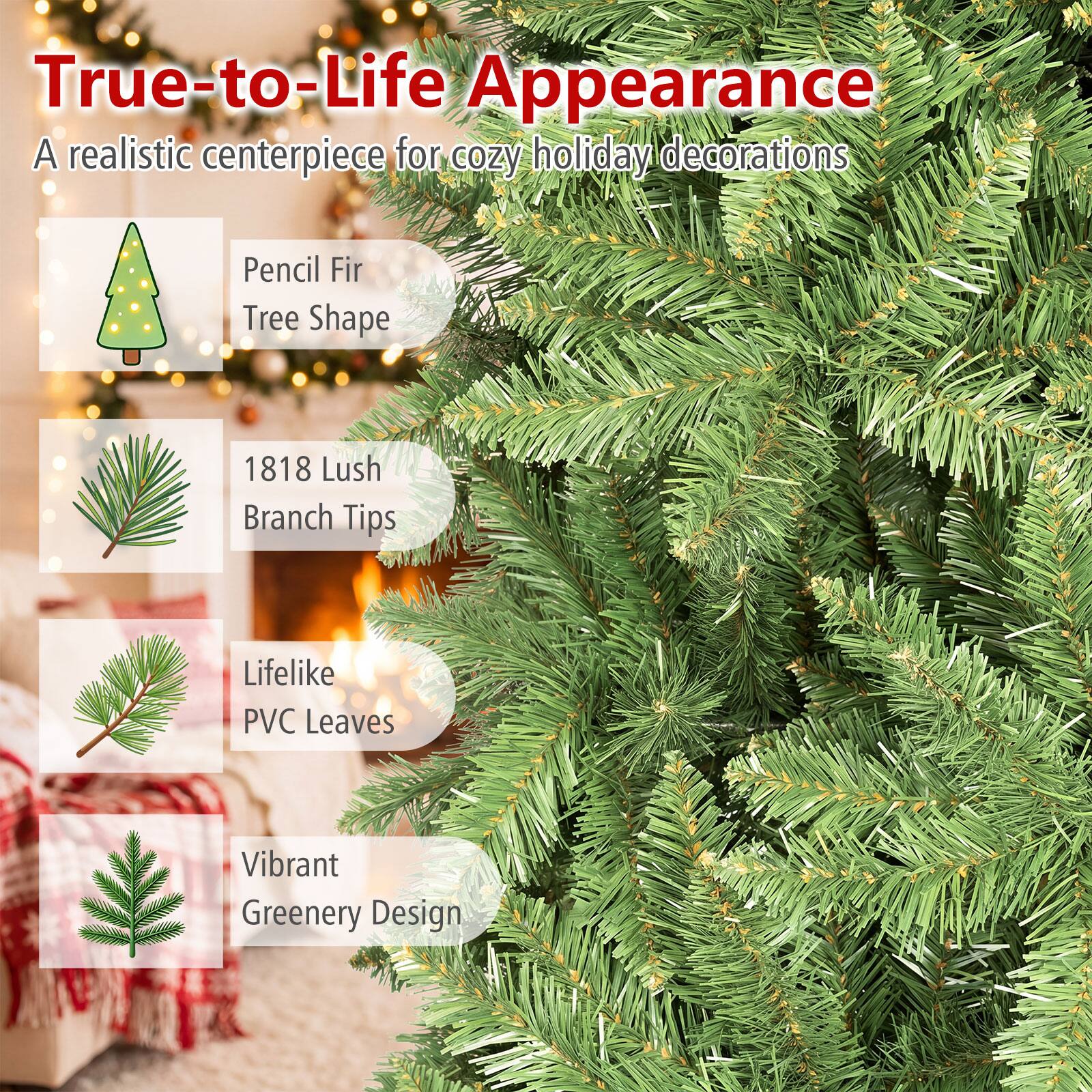 Costway 12 ft Pencil Fir Christmas Tree with 1818 Full Branch Tips ...