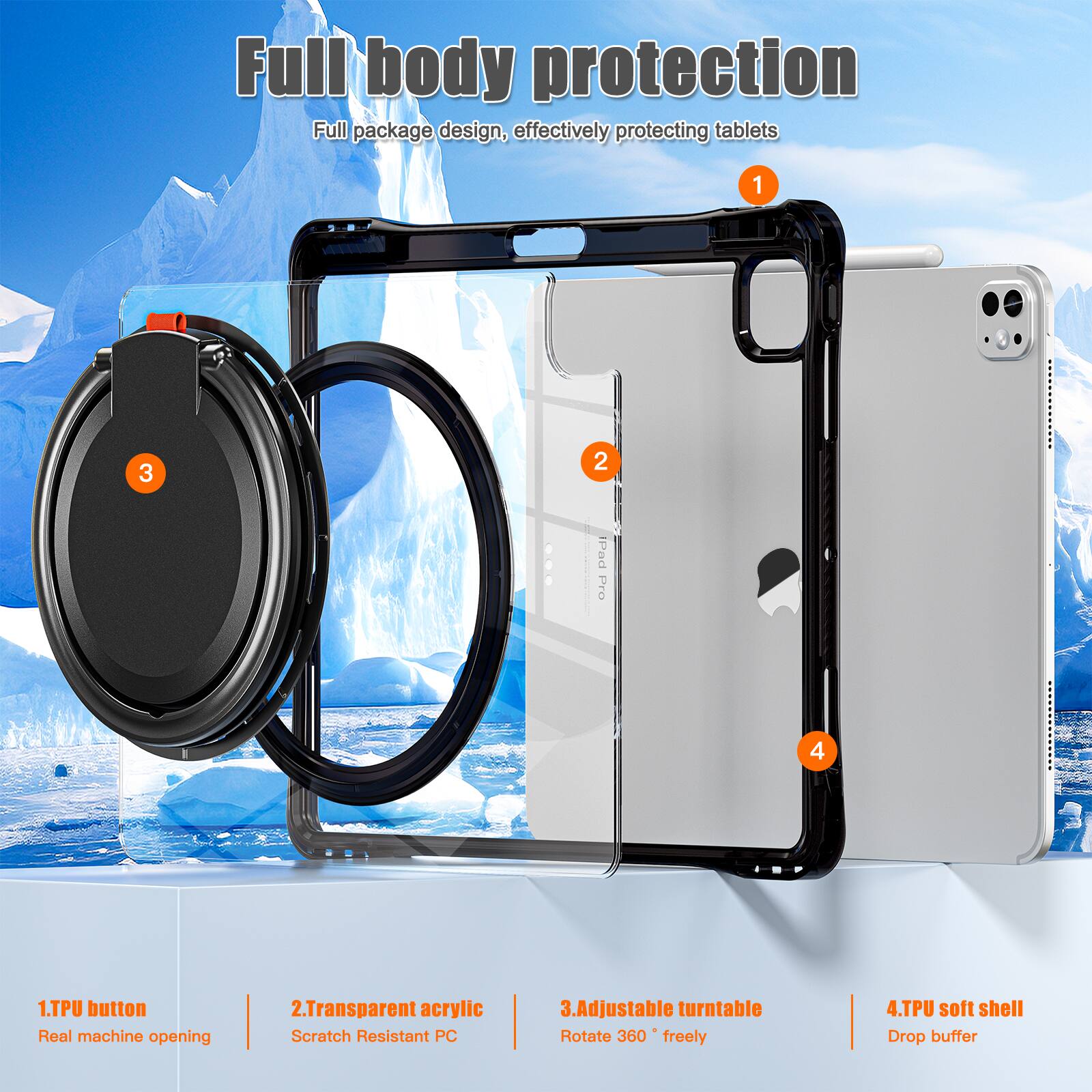 Full body protection  
Full package design, effectively protecting tablets  

1. TPU button  
Real machine opening  

2. Transparent acrylic  
Scratch Resistant PC  

3. Adjustable turntable  
Rotate 360° freely  

4. TPU soft shell  
Drop buffer