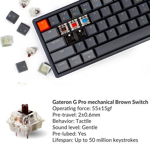 a es: 2  tab lock caps shift control 5  4 5 3 T 8 R F D 08 C X 2 command  opton Y G V C H 8  N  K A M < Gateron G Pro mechanical Brown Switch Operating force: 55+15gf Pre-travel: 2±0.6mm Behavior: Tactile Sound level: Gentle Pre-lubed: Yes Lifespan: Up to 50 million keystrokes