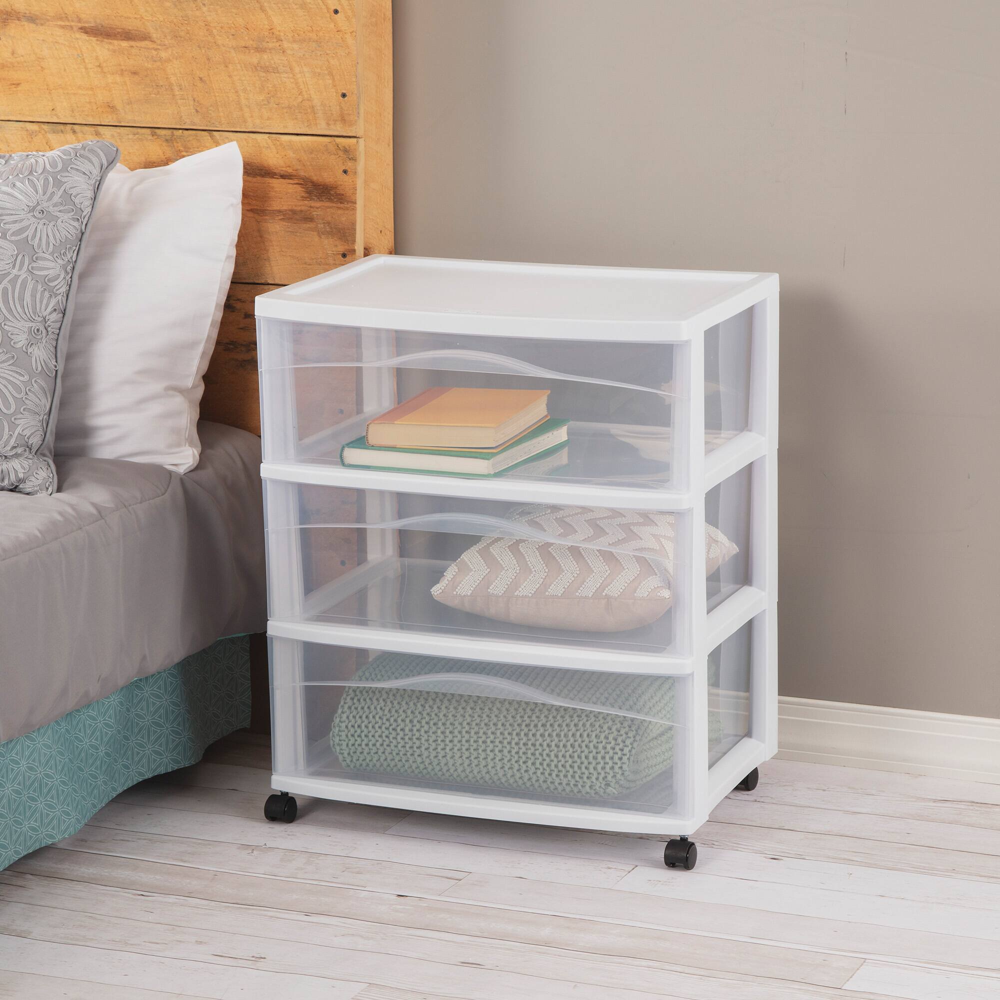 Alt View 2. Sterilite - Sterilite Wide 3 Drawer Storage Cart, Plastic Rolling Organizer, White Frame - White.