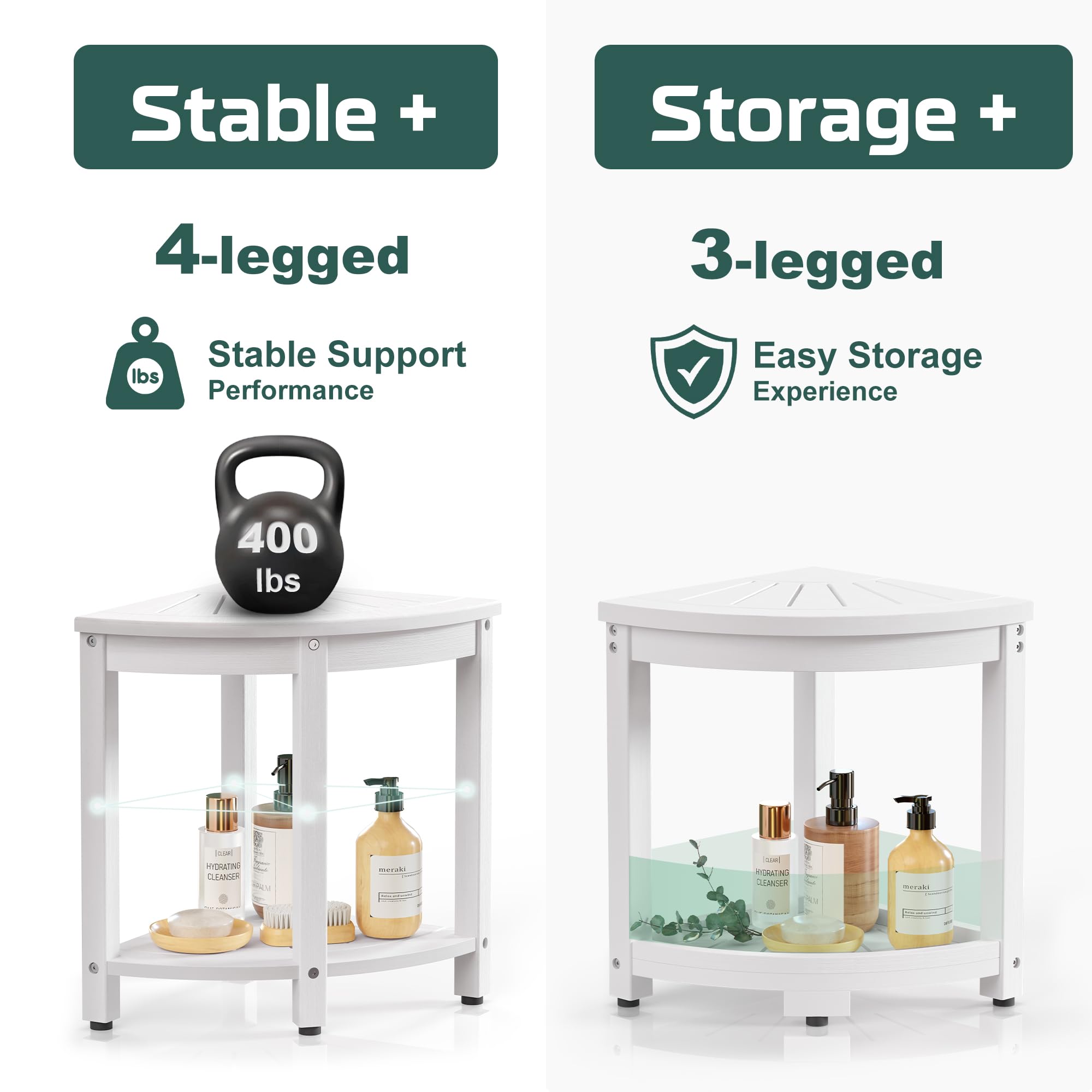 Stable +  
4-legged  
Stable Support  
Performance  
400 lbs  

Storage +  
3-legged  
Easy Storage  
Experience