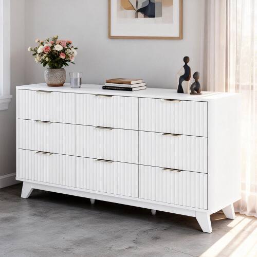Alt View 7. Winado - 57"L Fluted Chest of Dresser Drawers with 9 Drawers Wide Boho Wood Chest of Drawers Organizer for Living Room Bedroom - White.
