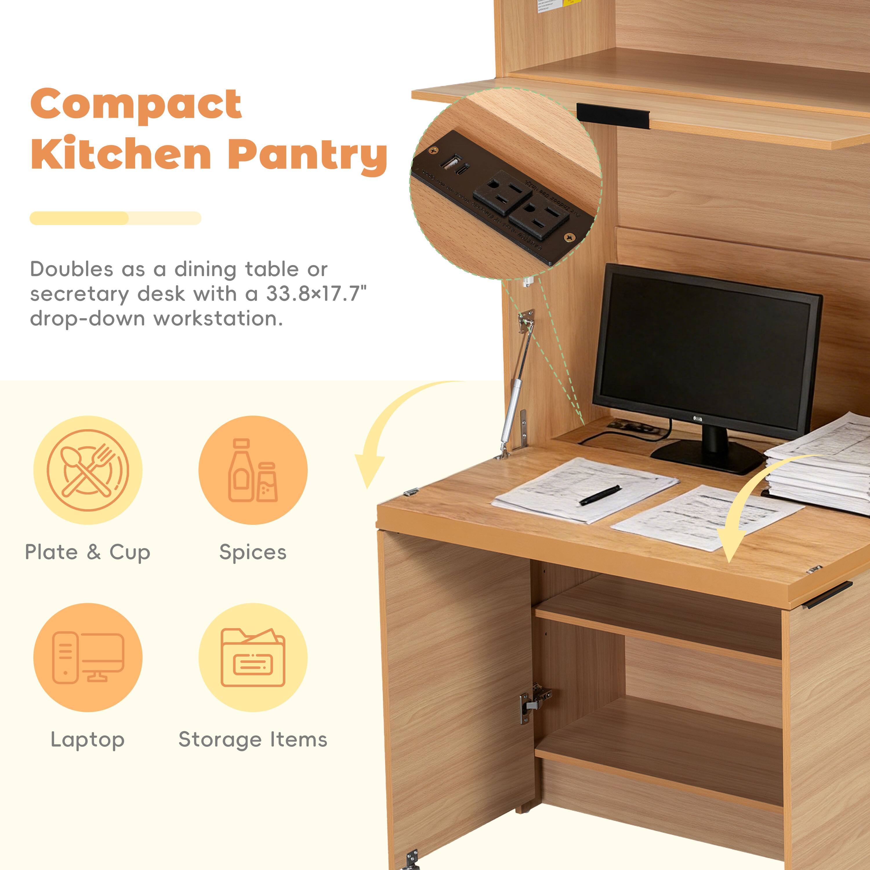 Compact Kitchen Pantry - Doubles as a dining table or secretary desk with a 33.8x17.7" drop-down workstation. Plate & Cup, Spices, Laptop, Storage Items