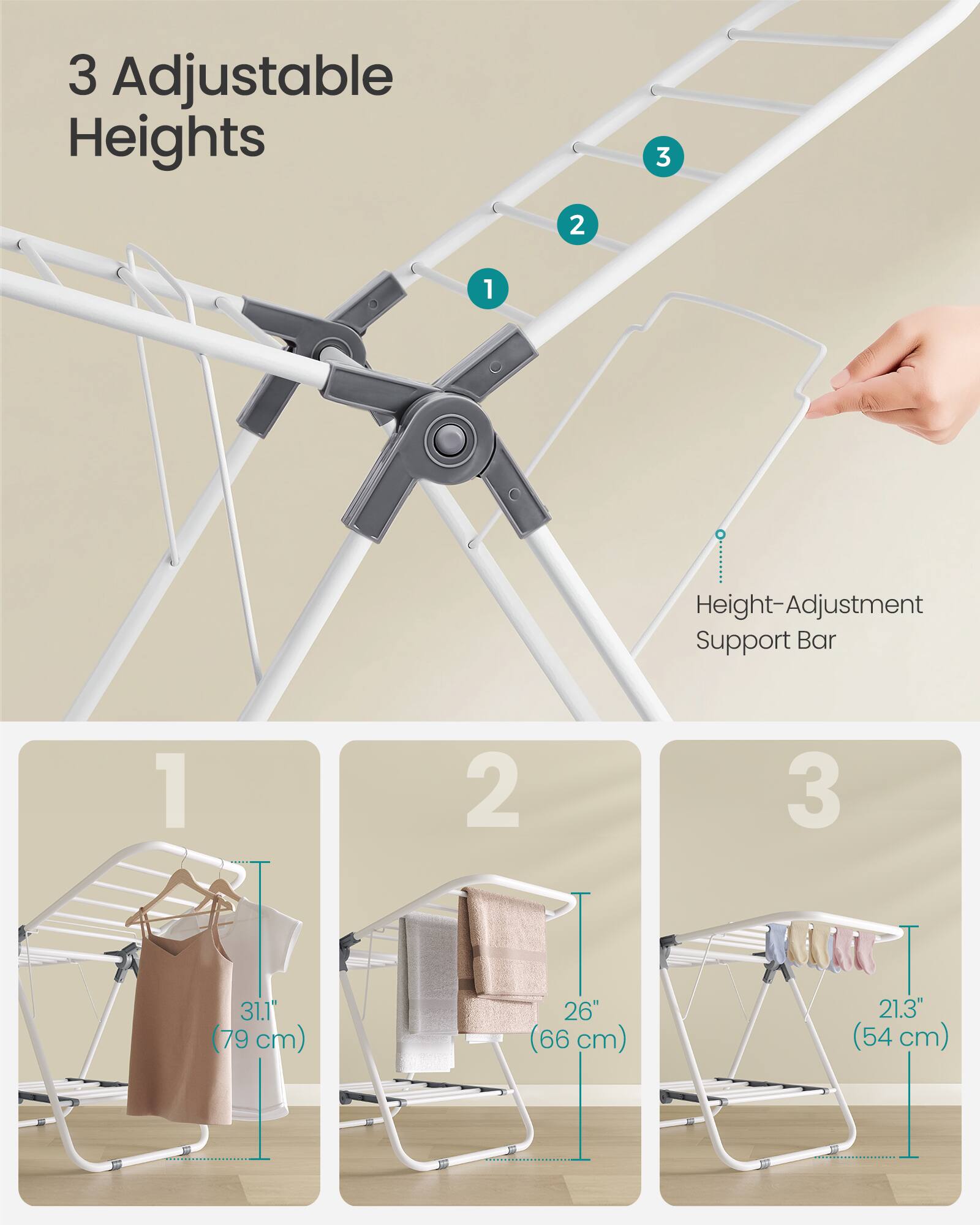 3 Adjustable Heights

1. Height-Adjustment Support Bar
   - 31.1" (79 cm)
   - 26" (66 cm)
   - 21.3" (54 cm)