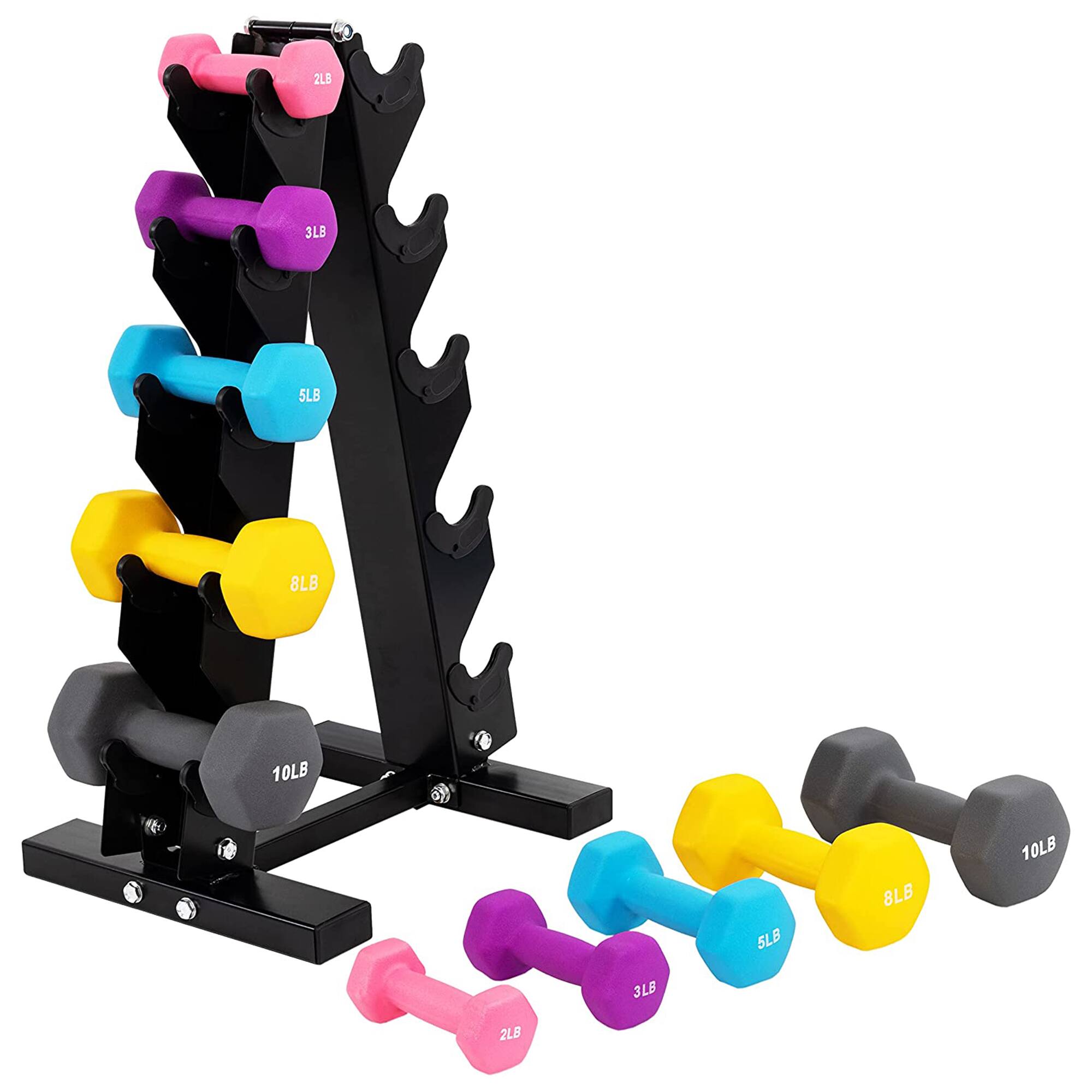 BalanceFrom Fitness - 2, 3, 5, 8 & 10 Pound Neoprene Coated Dumbbell Set with Rack - Multi-Color