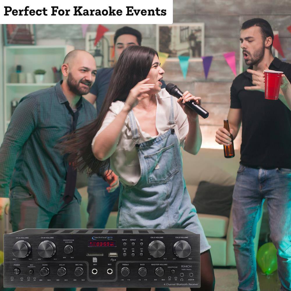 Perfect For Karaoke Events

HEADPHONE YOUAM
echnical are
and 
N
CH.A VOLUME
CH.B VOLUME
ICAN
Ckk
MIN
WASE
-
...
SO
...
WILL
POWER
FEGATI
BCHG
DELAIF
MOC/VOL
WICH
NO
TREBLE
SAIS
MASTER VOLUME SICHOR RX4CH 1000 HORTE
MAL
...
...
--
MALK
-4
404
-
and
BU
AUXIN
4 Channel Bluetooth Receiver