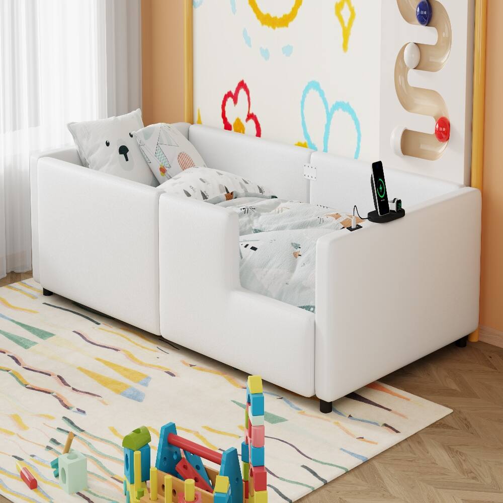 Alt View 4. Loheer - Loheer Twin Upholstered Platform Bed White Twin Bed with Guardrail and Charging Station - White.