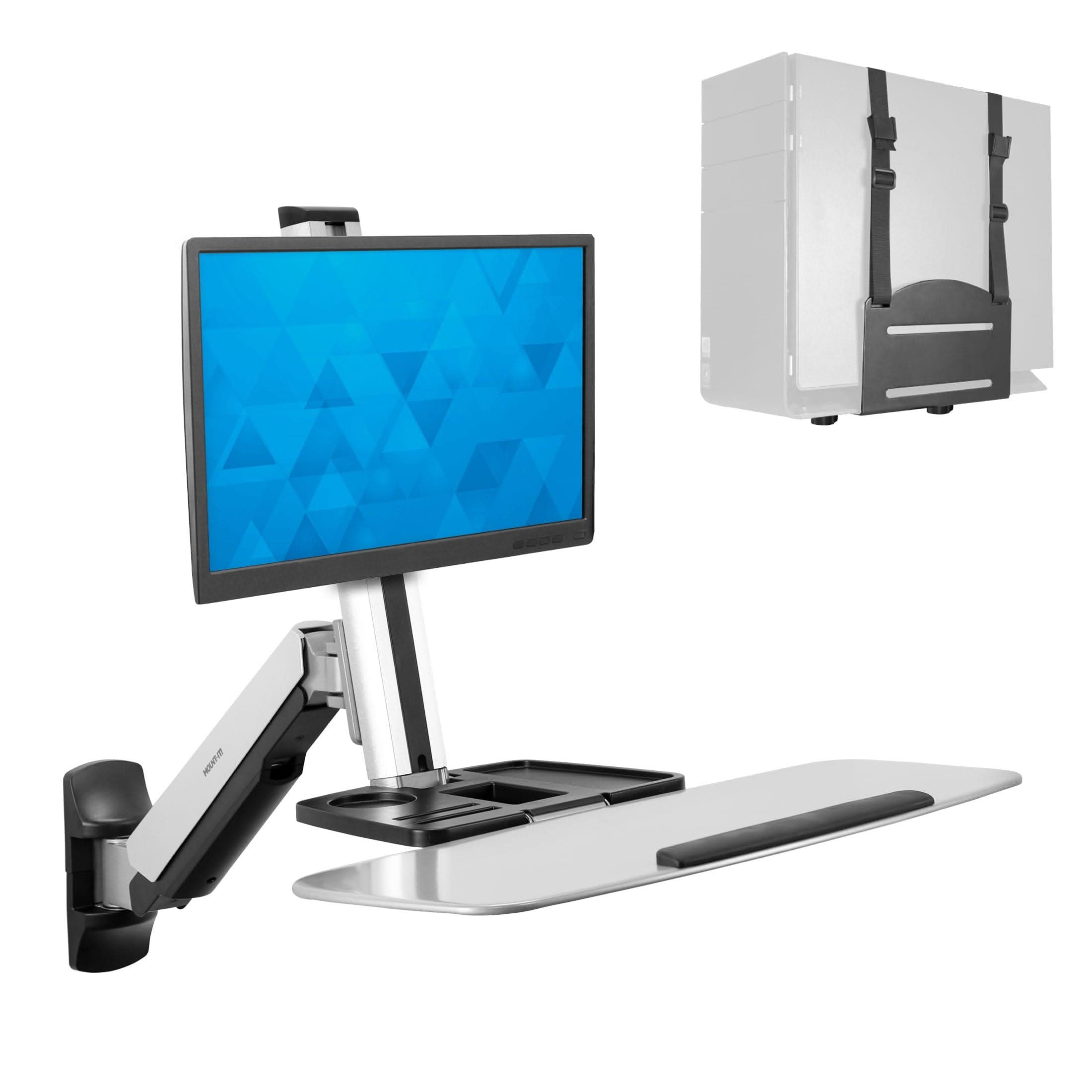 Angle. Mount-It! - Wall‑Mounted Sit‑Stand Single Monitor Workstation with Adjustable Height, Keyboard & CPU Mount, Silver - Silver.