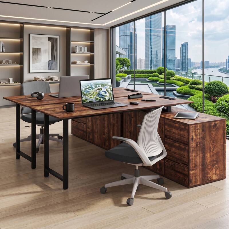 Angle. WELLFOR - 54.5" L Shape Desk with File Cabinet and Power Outlet, Reversible Computer Desk For Home Office - Rustic Brown.