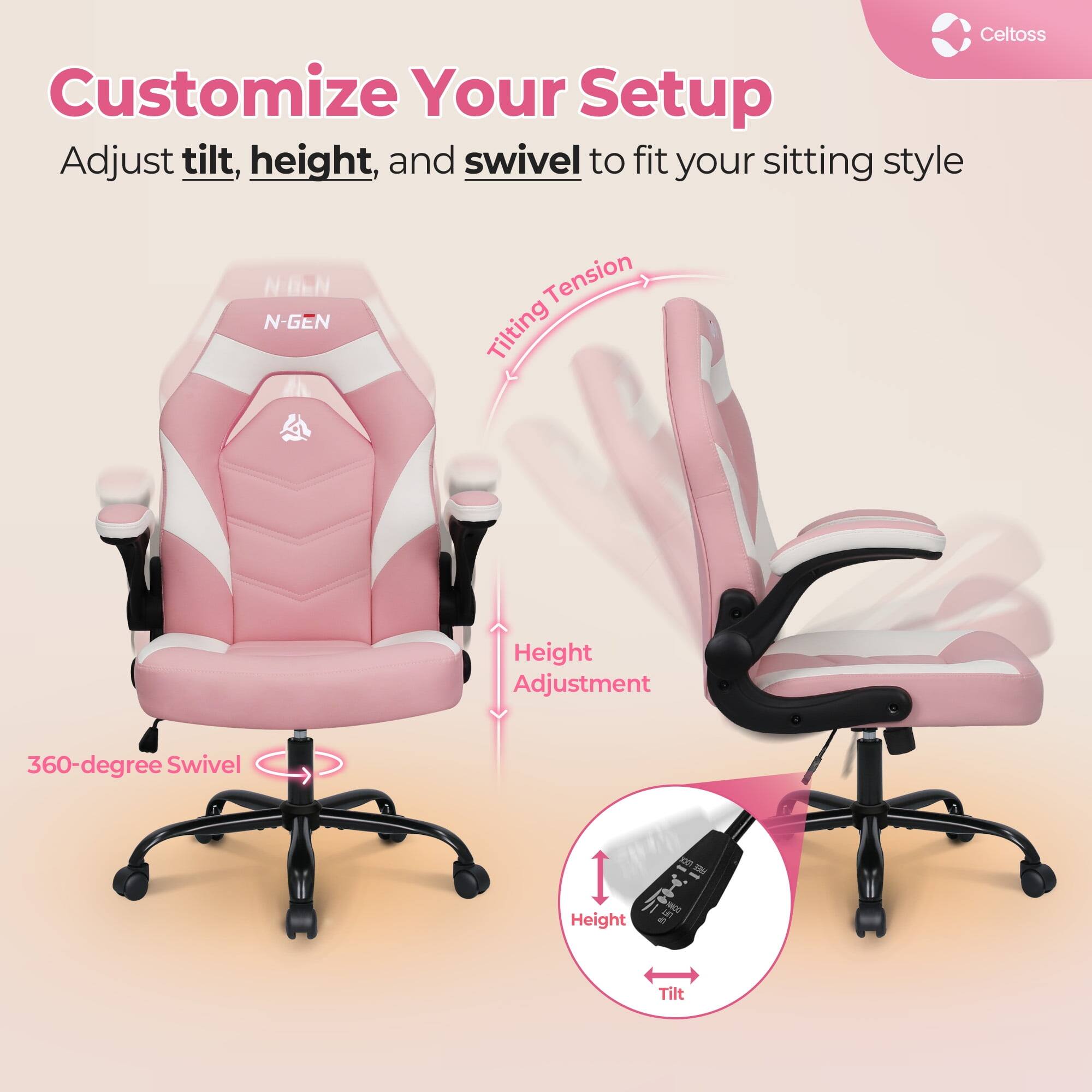 Customize Your Setup  
Adjust tilt, height, and swivel to fit your sitting style

- N-GEN Tension Tilting
- Height Adjustment
- 360-degree Swivel
- Height
- Tilt
