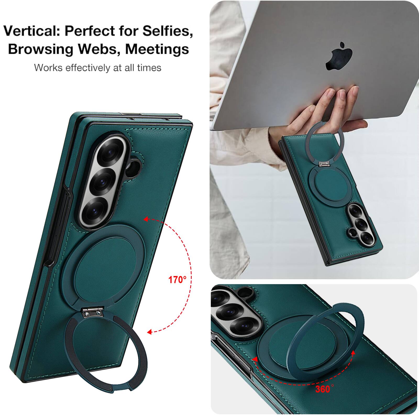 Vertical: Perfect for Selfies, Browsing Webs, Meetings  
Works effectively at all times  

170°  
360°