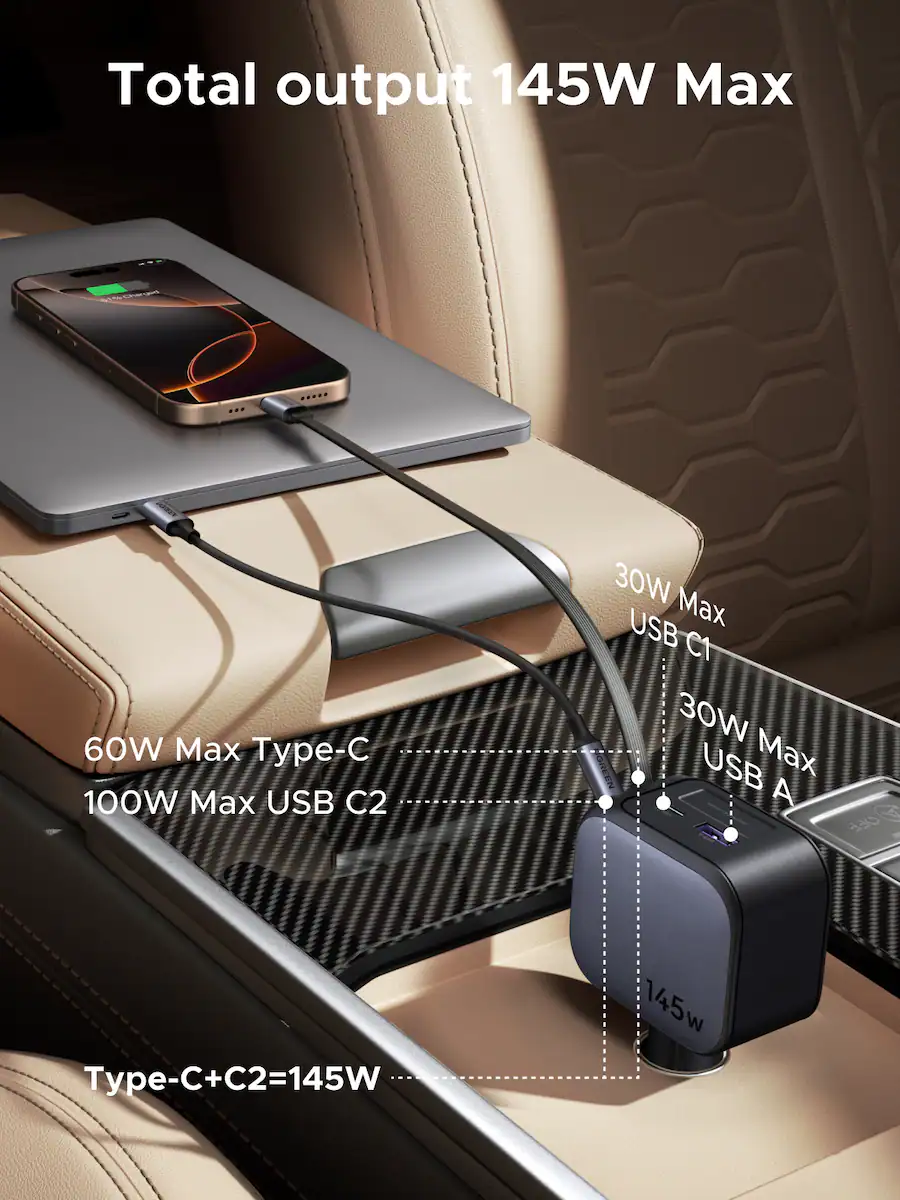 Pd Output Car UGREEN 145W 4 Port USB C Car Charger with Retractable Cable, 100W Power ...