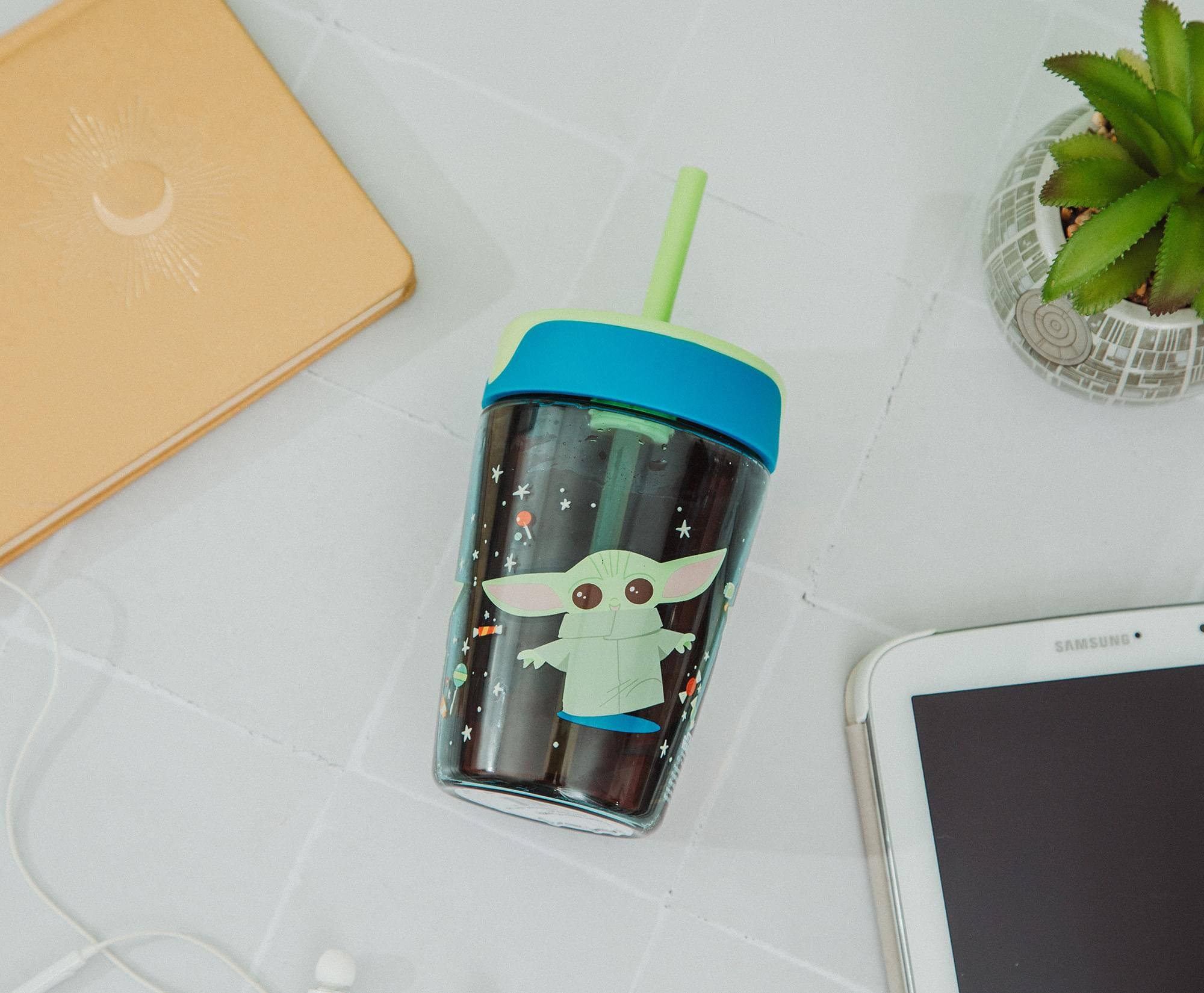 Alt View 4. Silver Buffalo - Star Wars: The Mandalorian Grogu Kids Spill-Proof Tumbler With Straw | 18 Ounces - Blue.