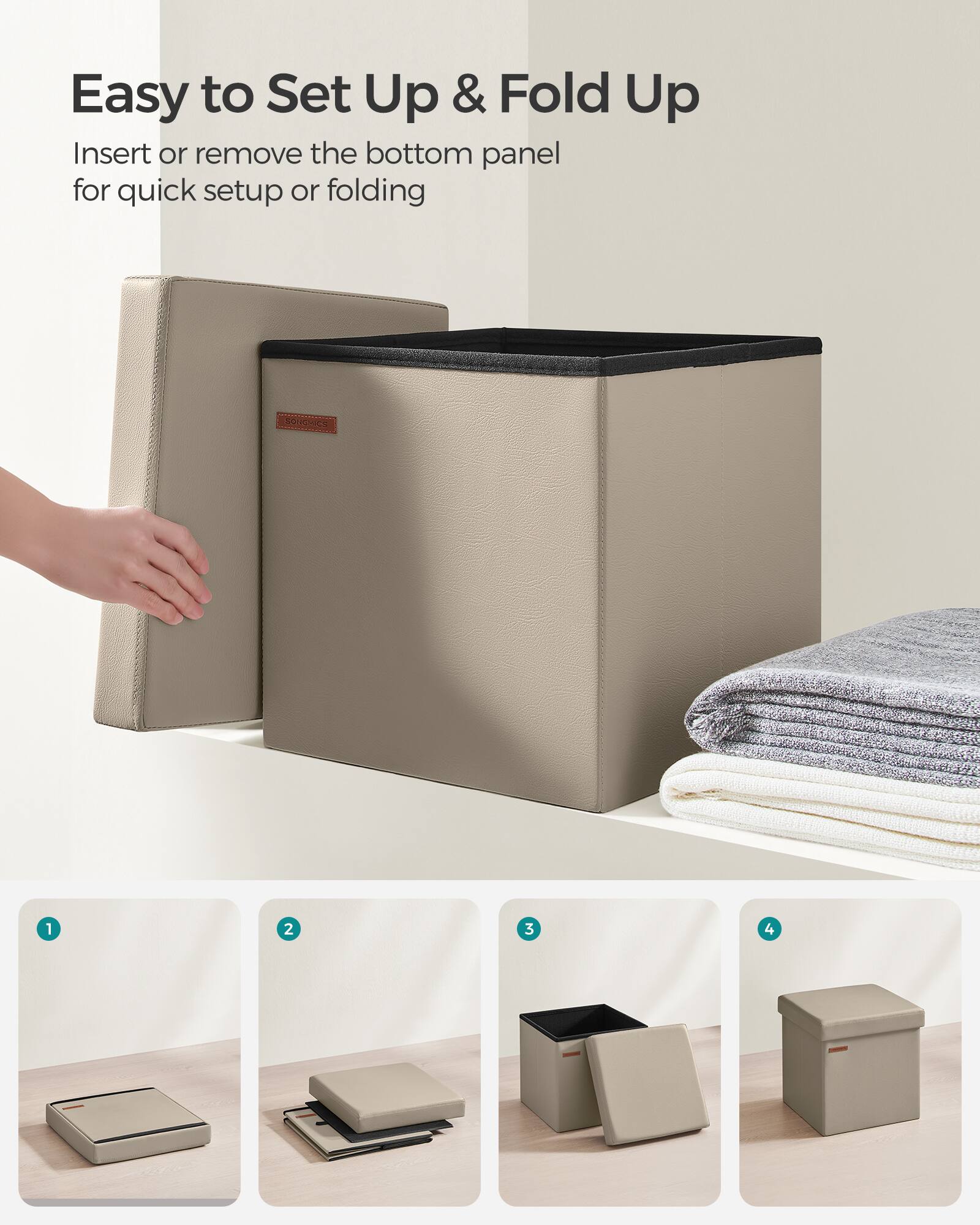 Easy to Set Up & Fold Up

Insert or remove the bottom panel for quick setup or folding

1. [Image of the bottom panel]
2. [Image of the bottom panel being inserted]
3. [Image of the bin with the bottom panel inserted]
4. [Image of the fully assembled bin]