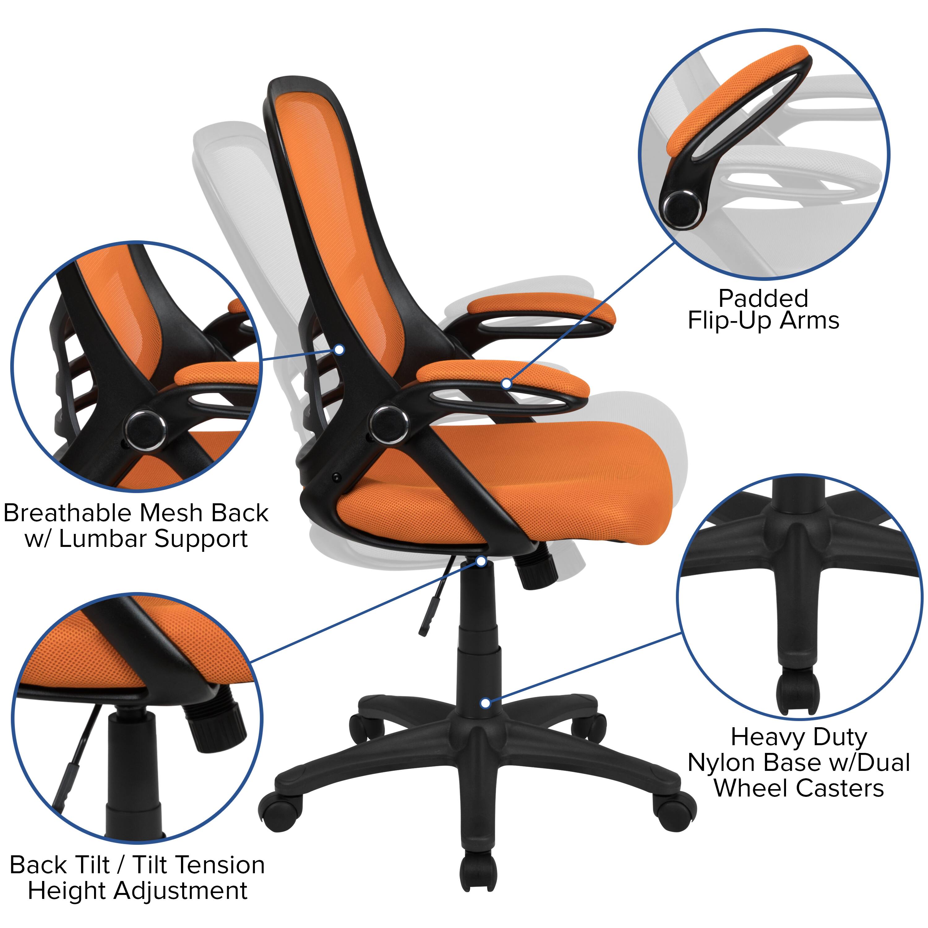 Padded Flip-Up Arms  
Breathable Mesh Back w/ Lumbar Support  
Heavy Duty Nylon Base w/Dual Wheel Casters  
Back Tilt / Tilt / Tension Height Adjustment