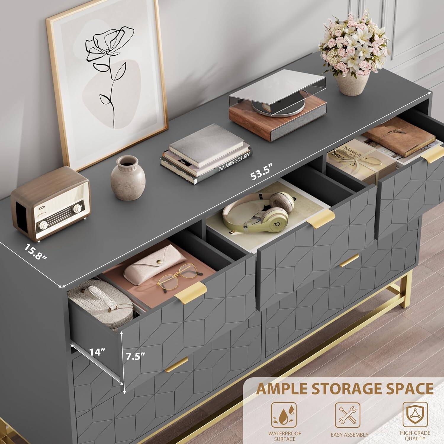 OY 1W9 S  
53.5" SLIMAGE  
15.8" 14" 7.5"  
AMPLE STORAGE SPACE  
WATERPROOF SURFACE  
EASY ASSEMBLY  
HIGH-GRADE QUALITY