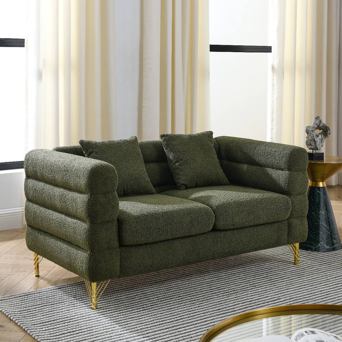 Ropilly 60 Inch 2 Seater Sectional Sofa, Green Teddy Fabric Loveseat ...