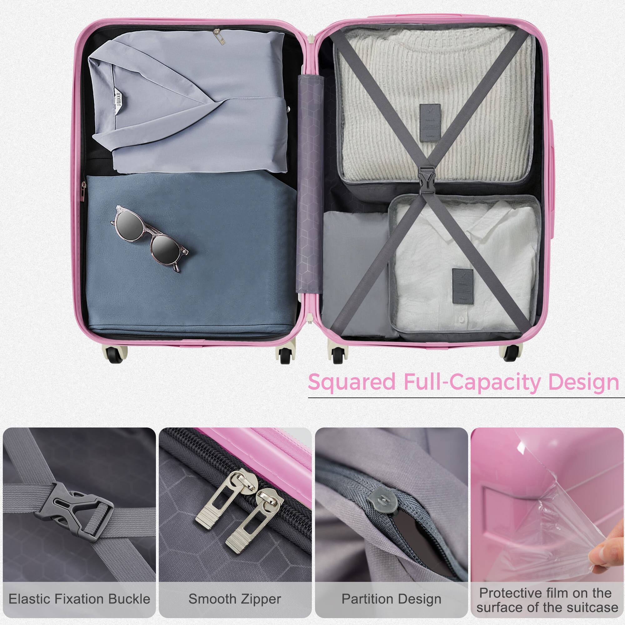 Squared Full-Capacity Design

Elastic Fixation Buckle

Smooth Zipper

Partition Design

Protective film on the surface of the suitcase
