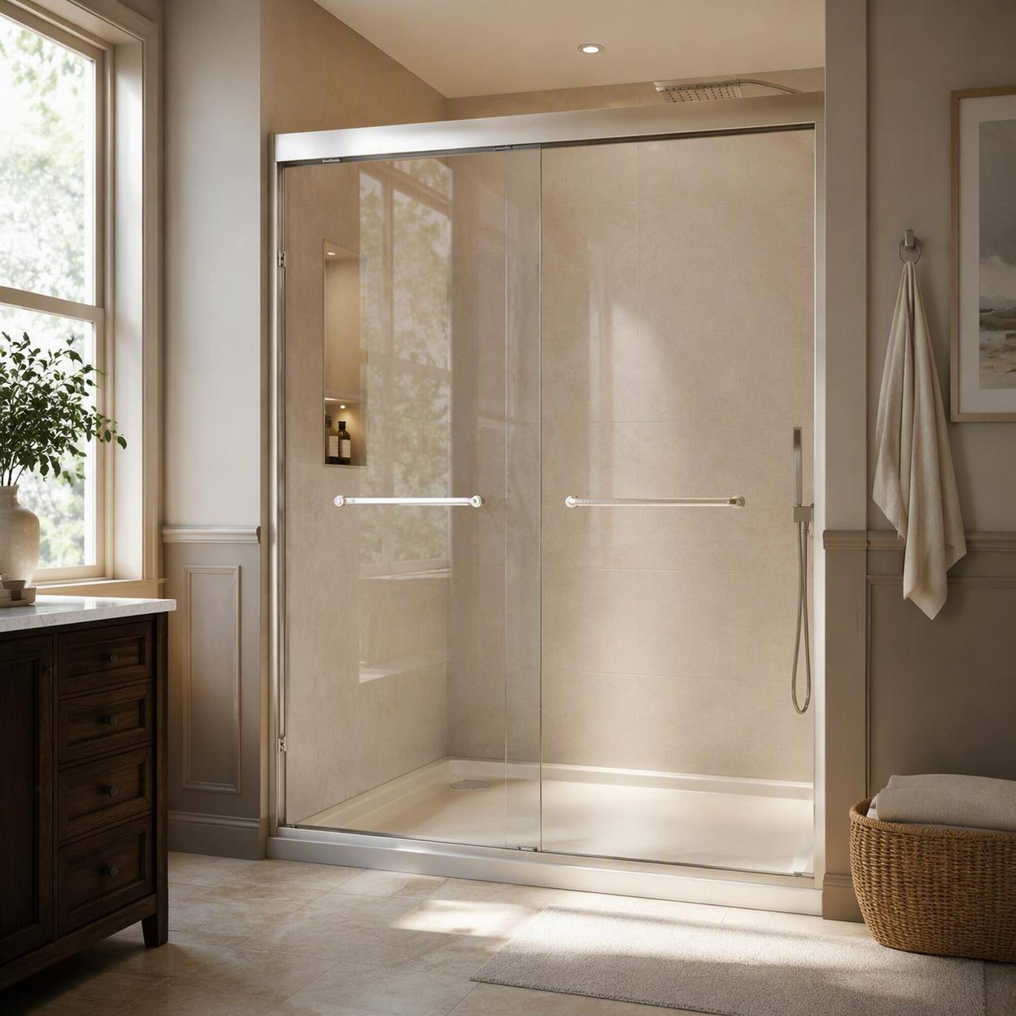 Angle. RYHNUYNE - 56-60" X 72" Aluminum Frame Double Sliding Shower Door With 1/4" Tempered Glass, Brushed Nickel Steel Handle - Brushed Nickel.