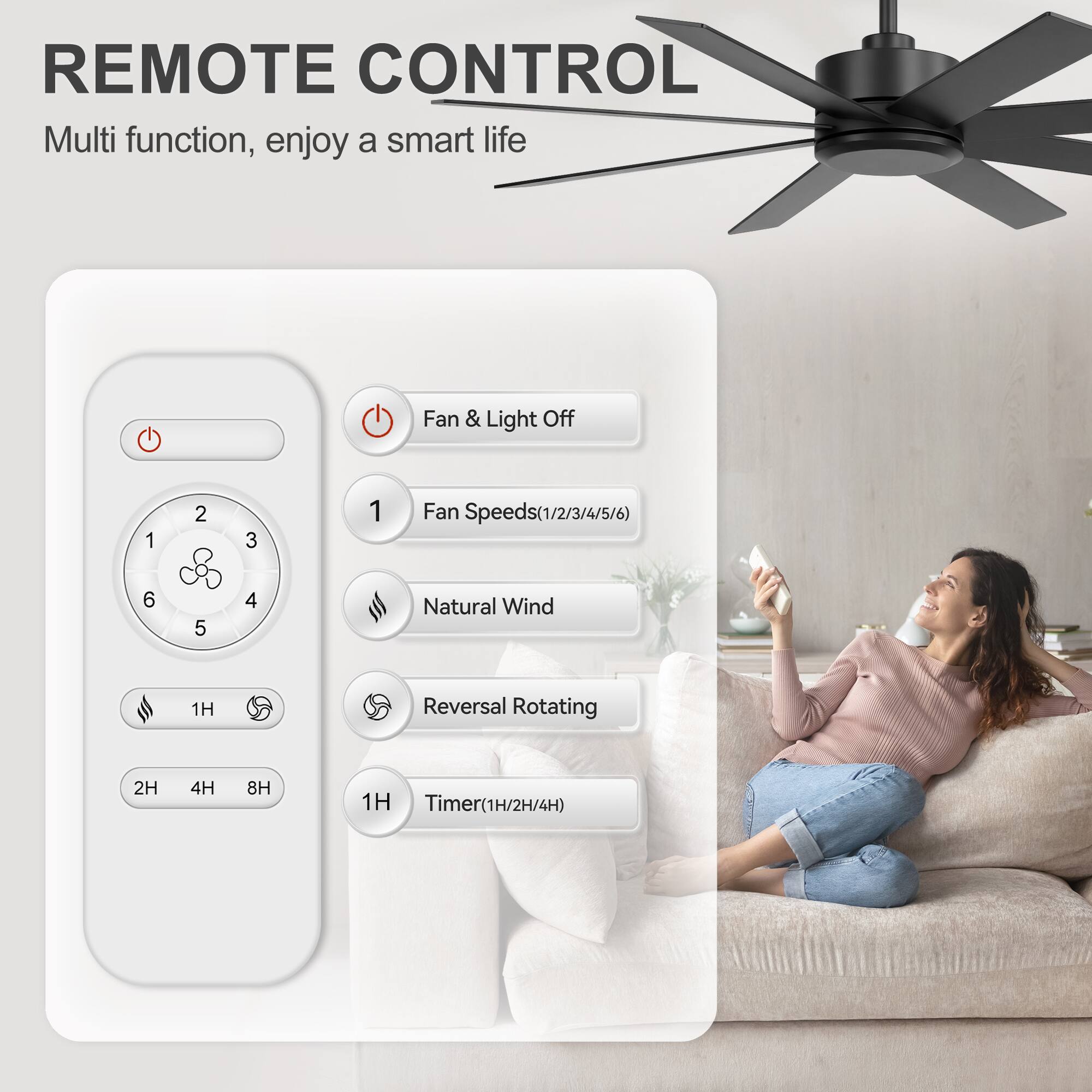 REMOTE CONTROL  
Multi function, enjoy a smart life  

- Fan & Light Off  
- Fan Speeds (1/2/3/4/5/6)  
- Natural Wind  
- Reversal Rotating (1H)  
- Timer (1H/2H/4H)
