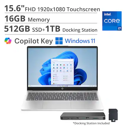 15.6" FHD 1920x1080 Touchscreen
16GB Memory
512GB SSD + 1TB
Intel Core i7
Copilot Key
Windows 11
Docking Station Included