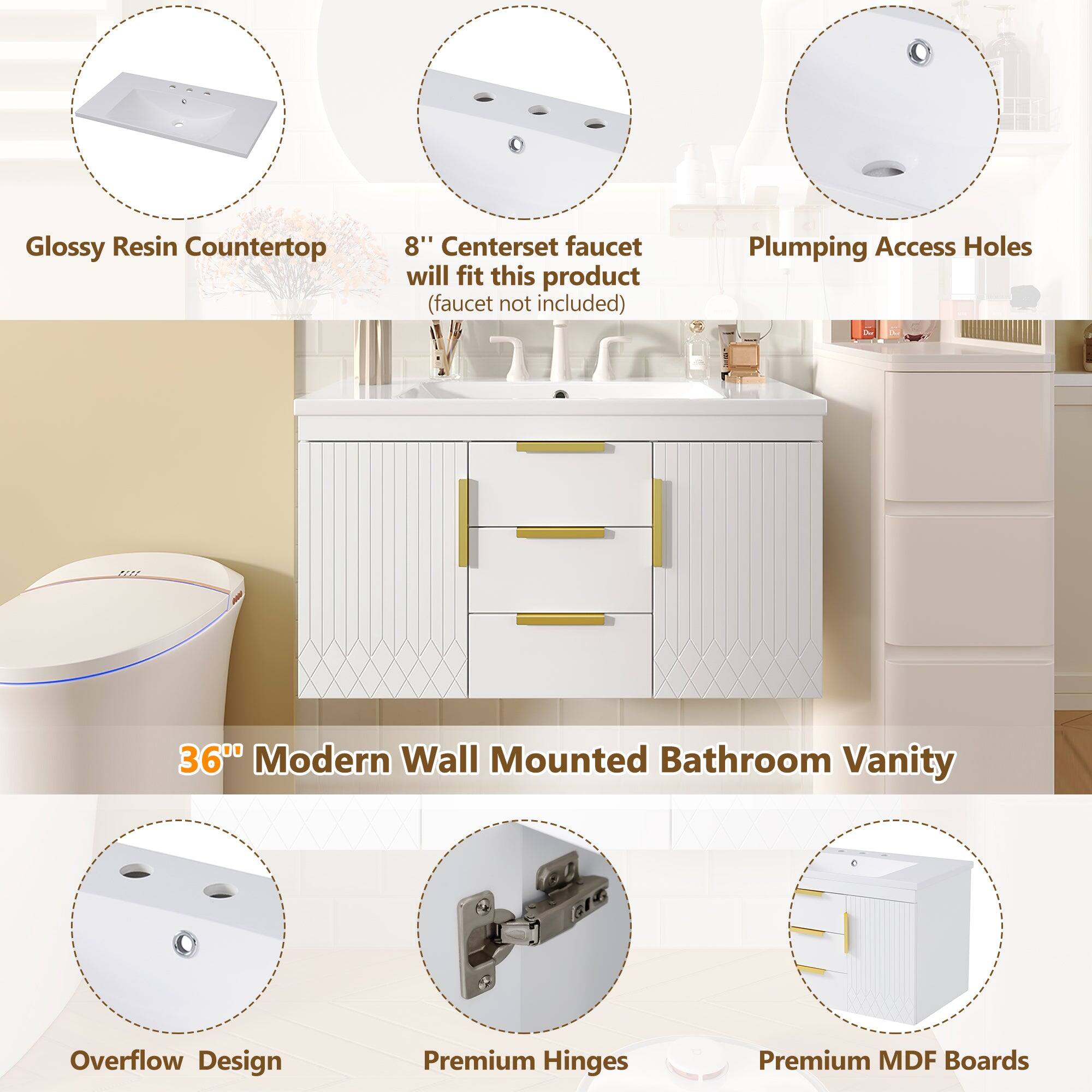 Glossy Resin Countertop  
8" Centerset faucet will fit this product (faucet not included)  
Plumbing Access Holes  
36" Modern Wall Mounted Bathroom Vanity  
Overflow Design  
Premium Hinges  
Premium MDF Boards