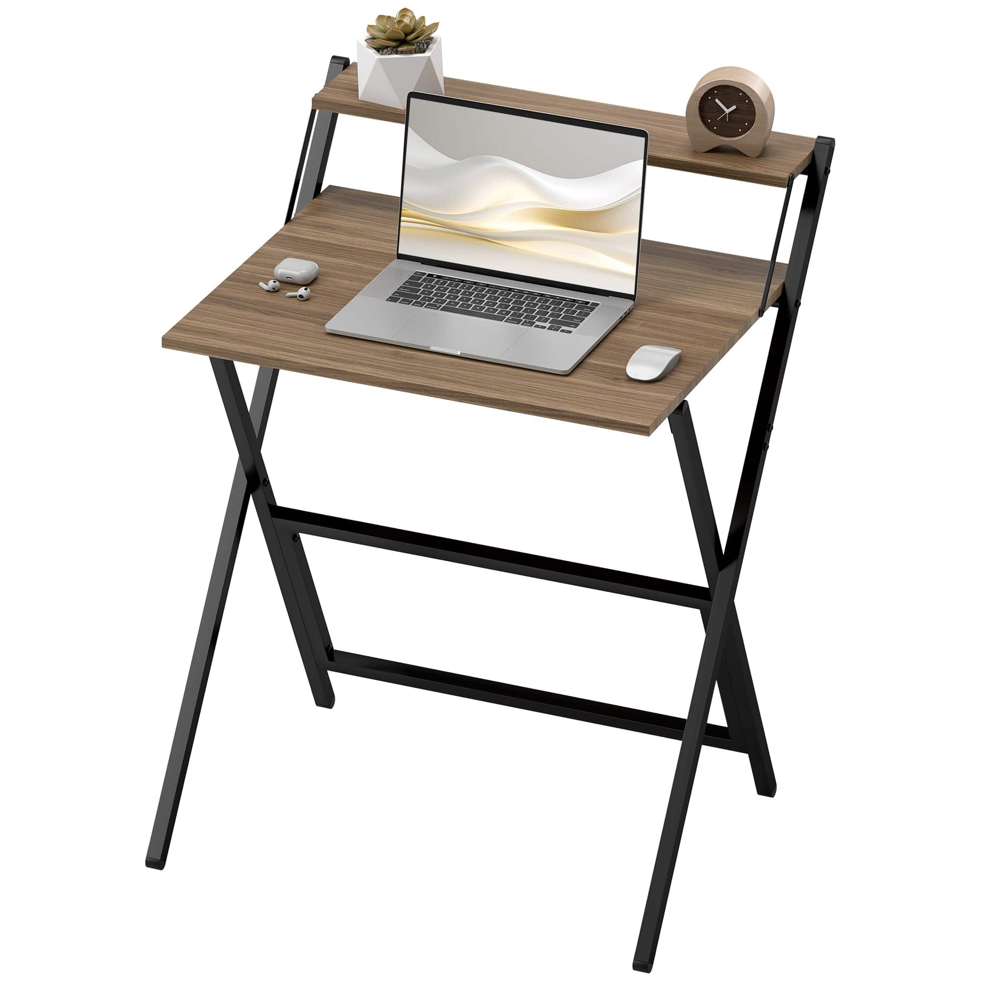 Homcom - Computer Desk, 27.6" Foldable Desk with Monitor Shelf for Small Space, Home Office, Study - Walnut